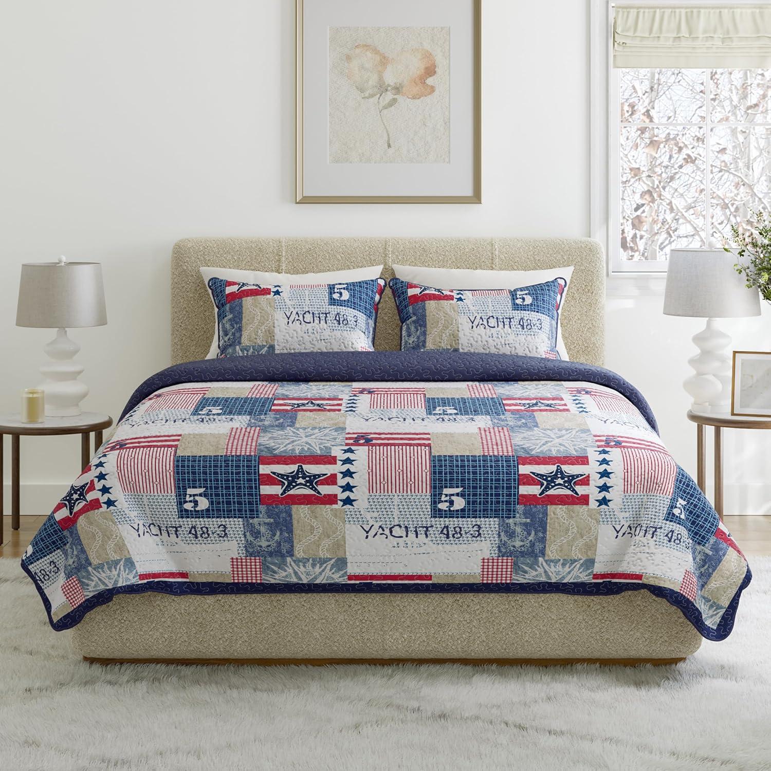 image2Piece Quilt Set Nautical Americana Patchwork Print AllSeason Soft Microfiber Bedspread Twin Bedding with Pillow Sham by Lavish HomeKing