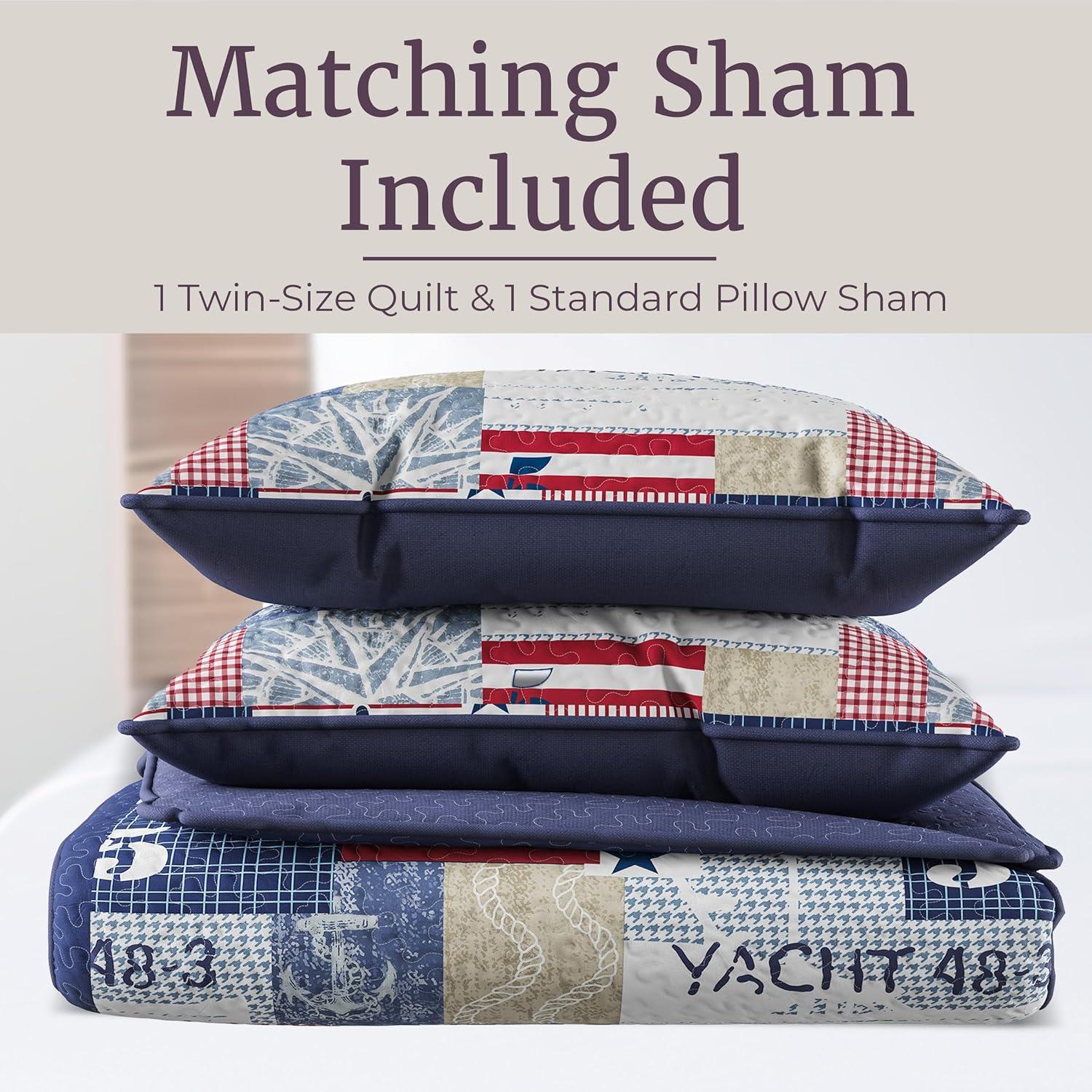 image2Piece Quilt Set Nautical Americana Patchwork Print AllSeason Soft Microfiber Bedspread Twin Bedding with Pillow Sham by Lavish HomeTwin