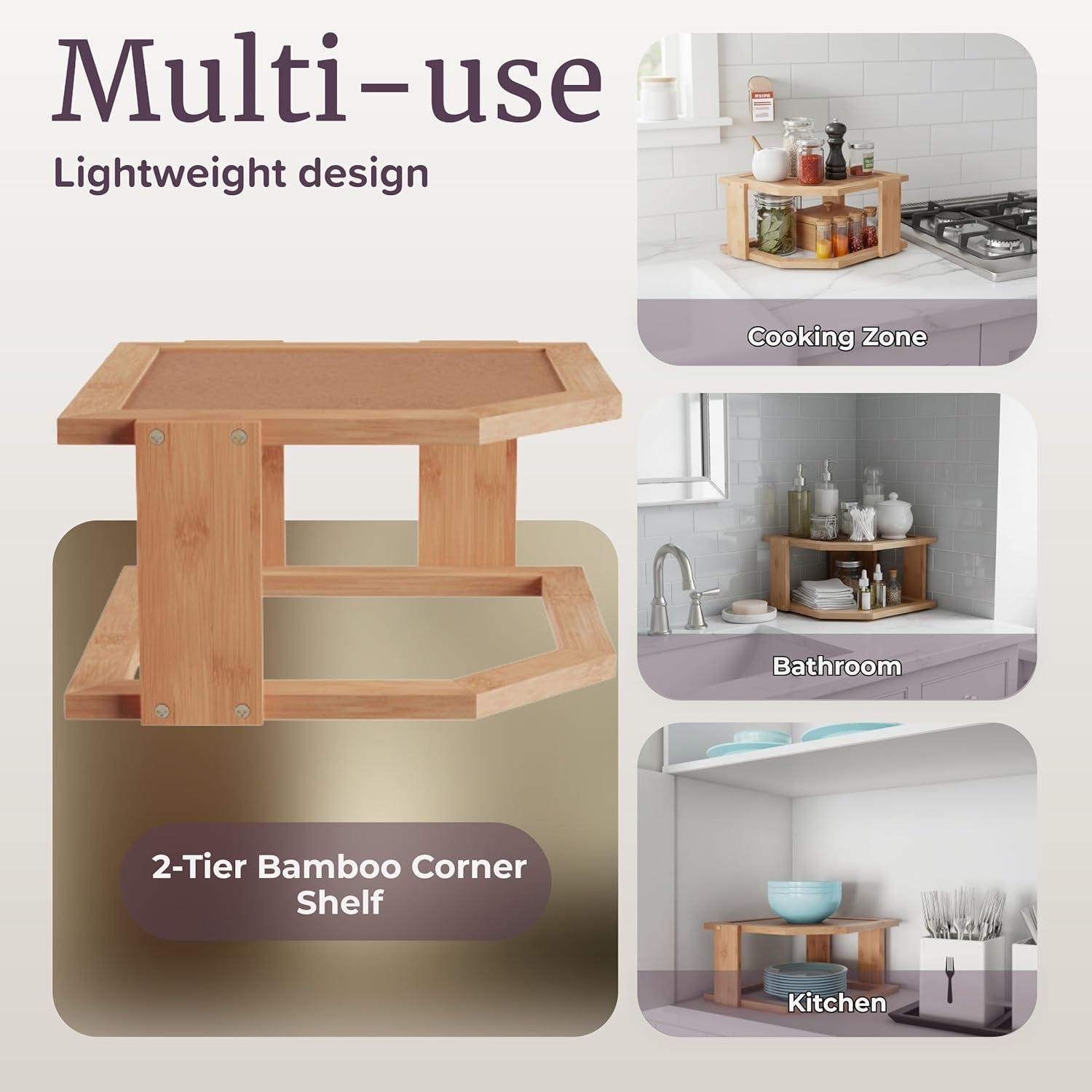 image2Tier Bamboo Corner Shelf for Kitchen or Bathroom Cabinet Countertop Cupboard Storage and Organizer Natural Wood Space Saving Rack by Lavish Home