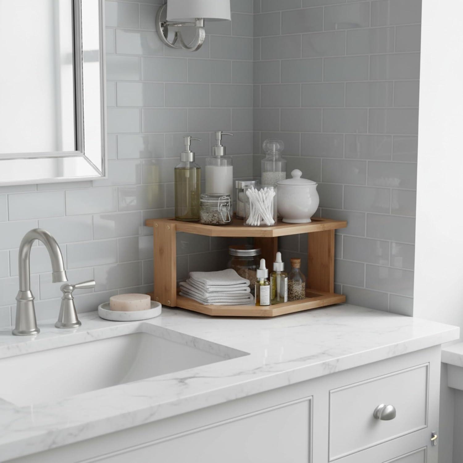 image2Tier Bamboo Corner Shelf for Kitchen or Bathroom Cabinet Countertop Cupboard Storage and Organizer Natural Wood Space Saving Rack by Lavish Home