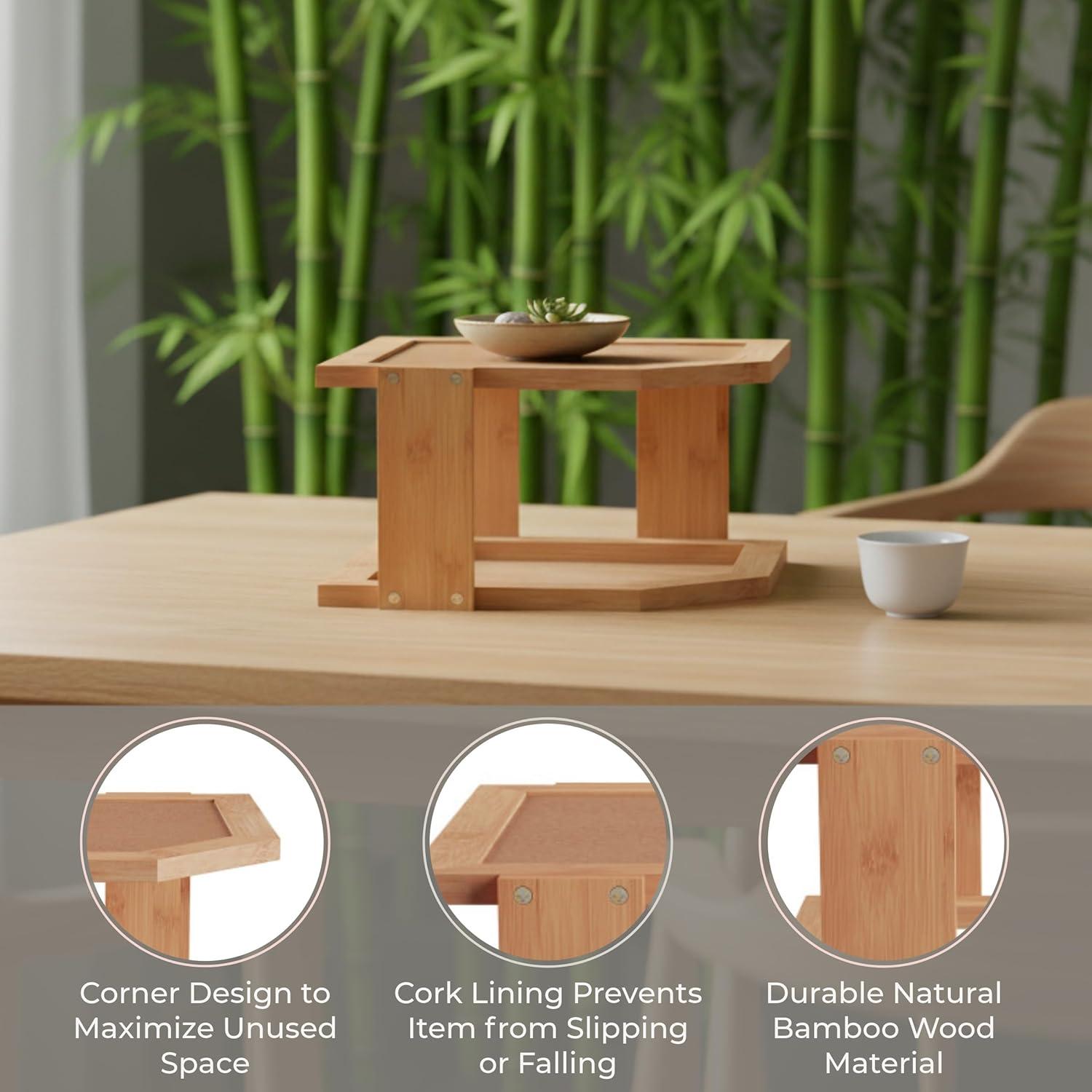 image2Tier Bamboo Corner Shelf for Kitchen or Bathroom Cabinet Countertop Cupboard Storage and Organizer Natural Wood Space Saving Rack by Lavish Home