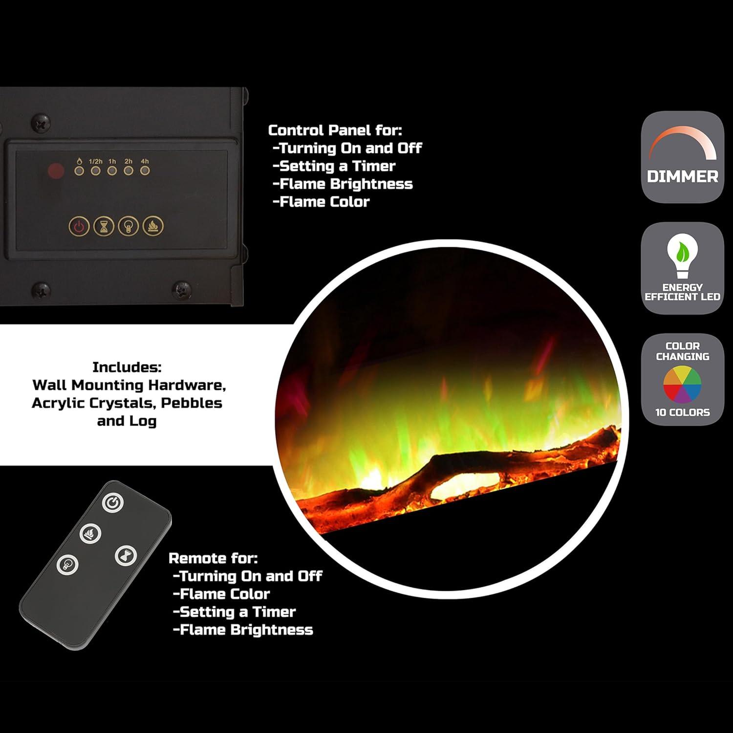 image36Inch Wall Mounted Electric Fireplace Curved Glass Heater with Removable Stand Adjustable Heat and 10 Flame Colors by Northwest Black