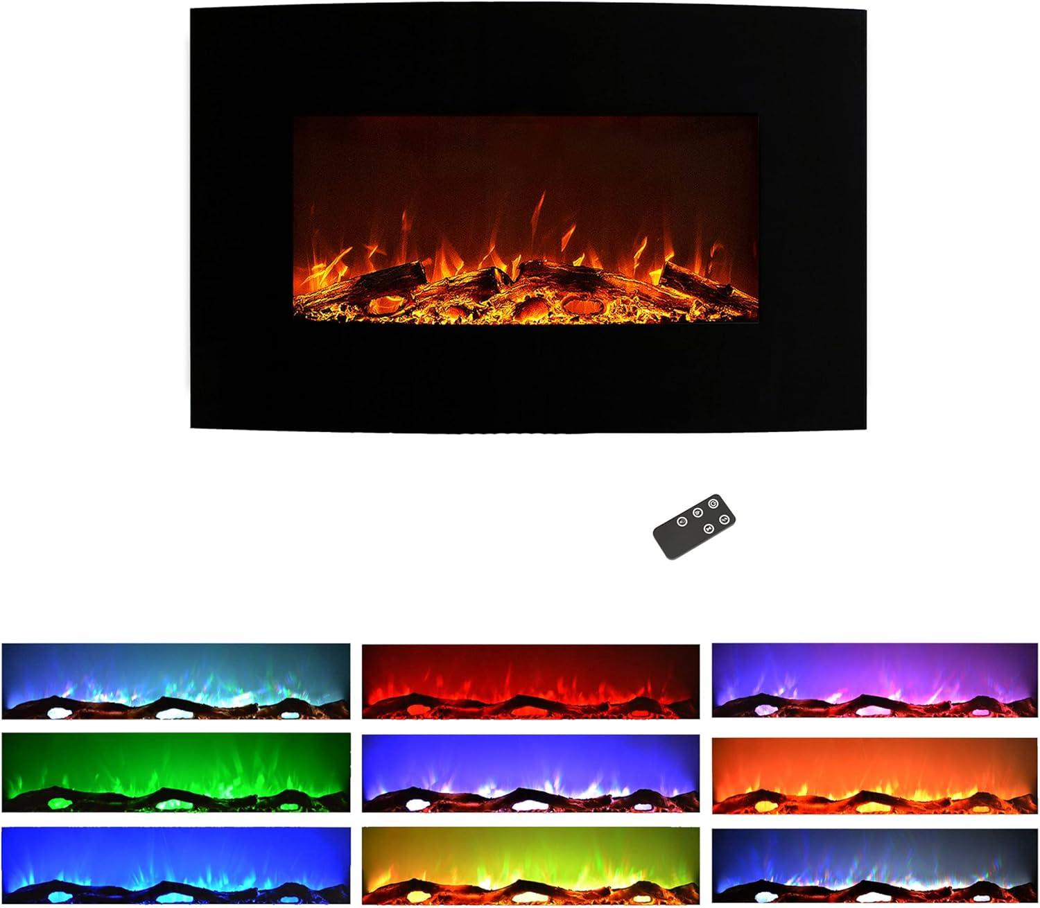 image36Inch Wall Mounted Electric Fireplace Curved Glass Heater with Removable Stand Adjustable Heat and 10 Flame Colors by Northwest Black