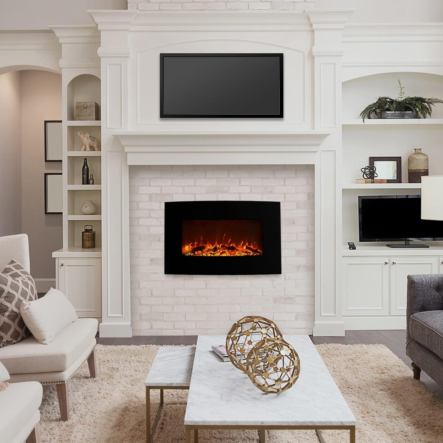 image36Inch Wall Mounted Electric Fireplace Curved Glass Heater with Removable Stand Adjustable Heat and 10 Flame Colors by Northwest Black