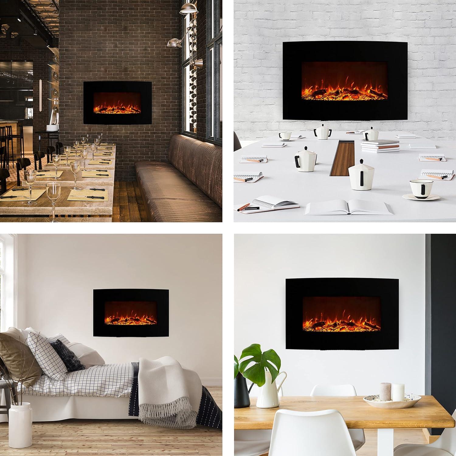image36Inch Wall Mounted Electric Fireplace Curved Glass Heater with Removable Stand Adjustable Heat and 10 Flame Colors by Northwest Black