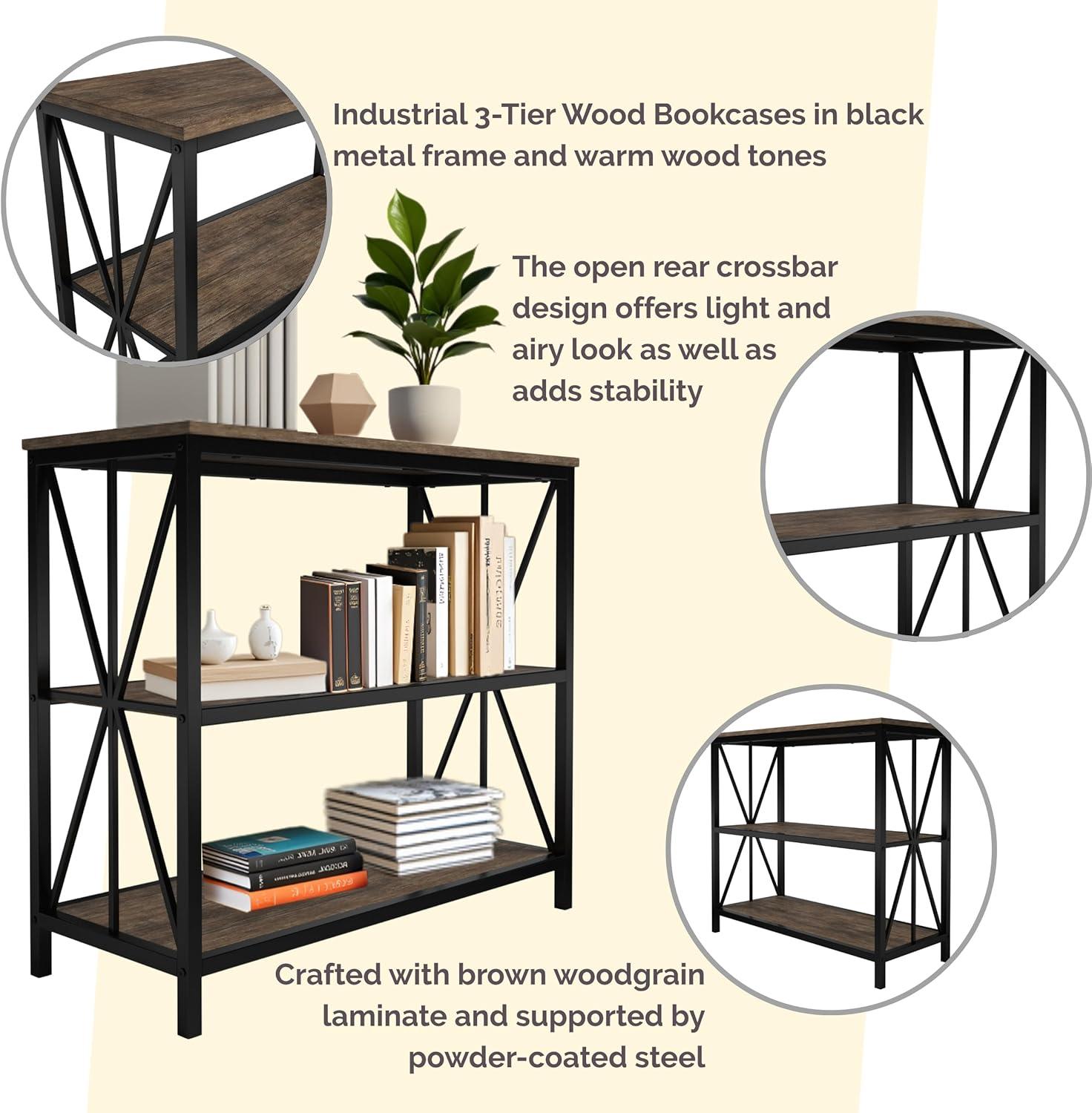 image3Tier Industrial Bookshelf Freestanding Open Bookcase for Home or Office Organization and Storage Book Organizer by Lavish Home Brown WoodgrainSingle Bookshelf