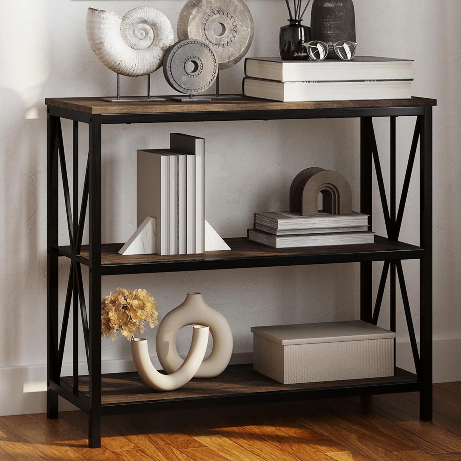 image3Tier Industrial Bookshelf Freestanding Open Bookcase for Home or Office Organization and Storage Book Organizer by Lavish Home Brown WoodgrainSingle Bookshelf
