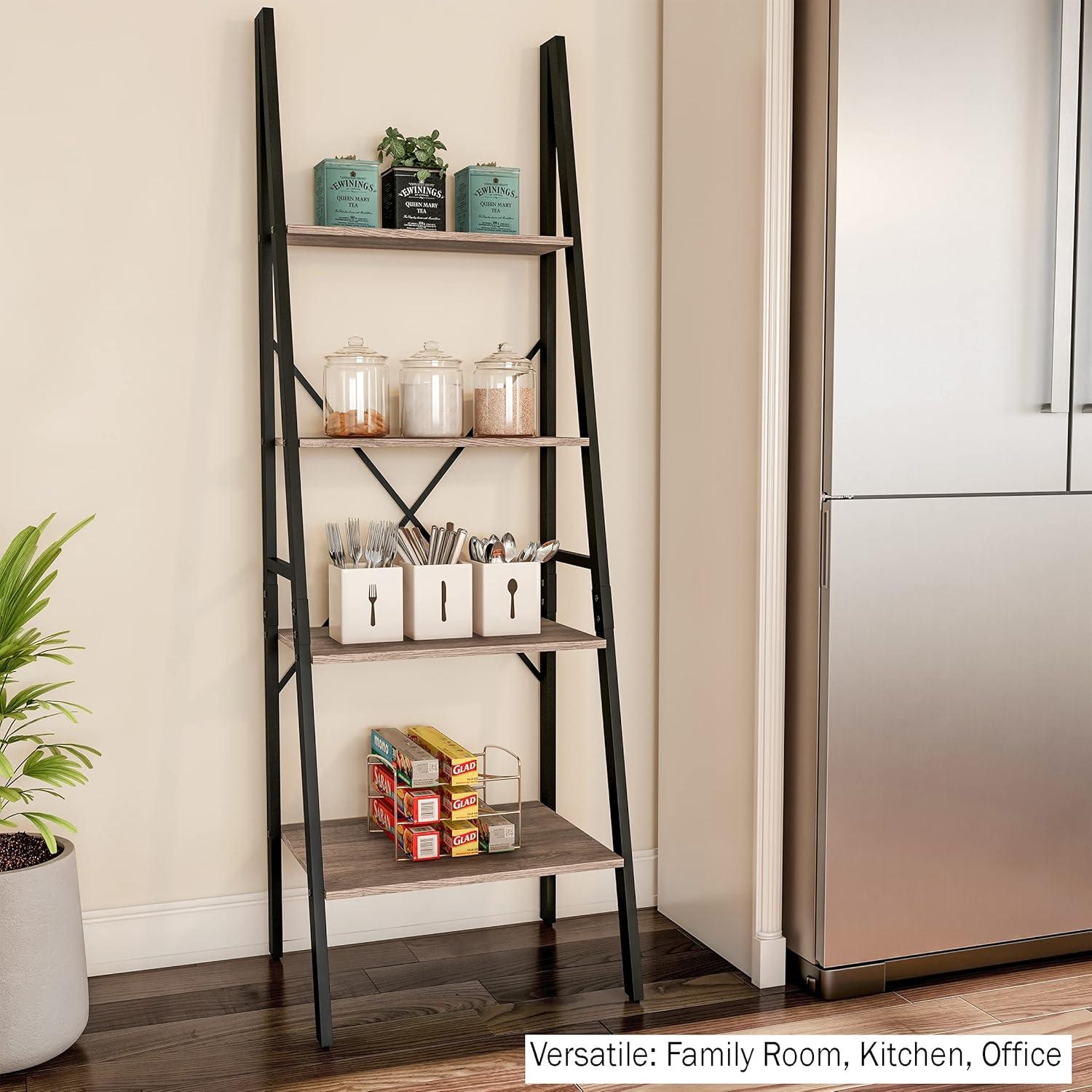 image4Tier Ladder Bookshelf Freestanding Bookcase with XBack Frame and Leaning Look Display Shelves for Home and Office by Lavish Home BlackGray