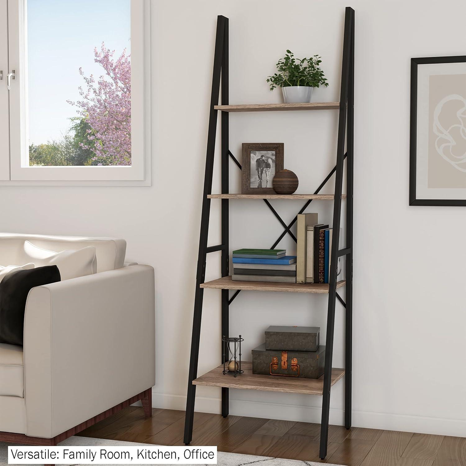 image4Tier Ladder Bookshelf Freestanding Bookcase with XBack Frame and Leaning Look Display Shelves for Home and Office by Lavish Home BlackGray