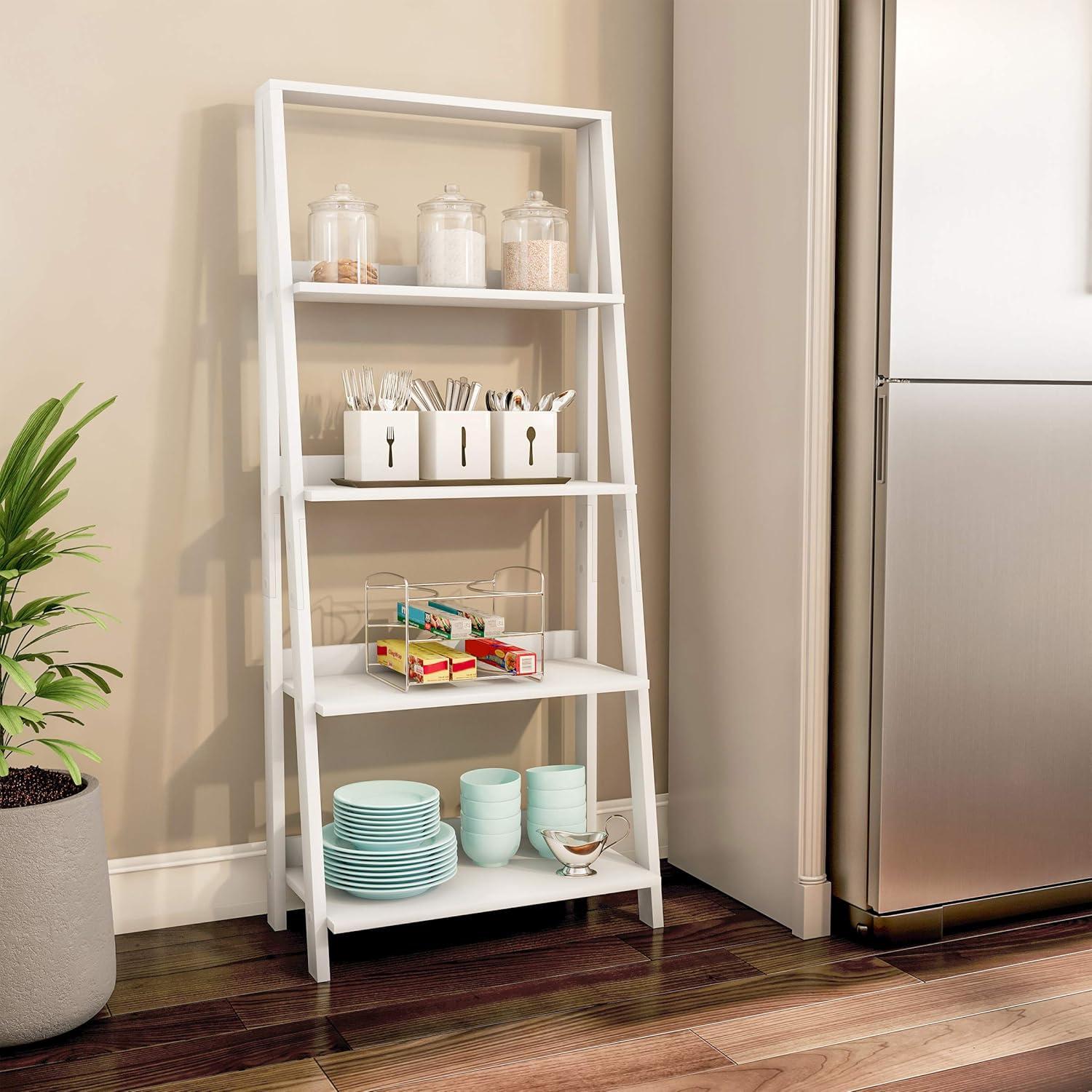image4Tier Ladder Bookshelf Freestanding Shelved Bookcase with XBack Frame and Leaning Look Display Shelves for Home or Office by Lavish Home White