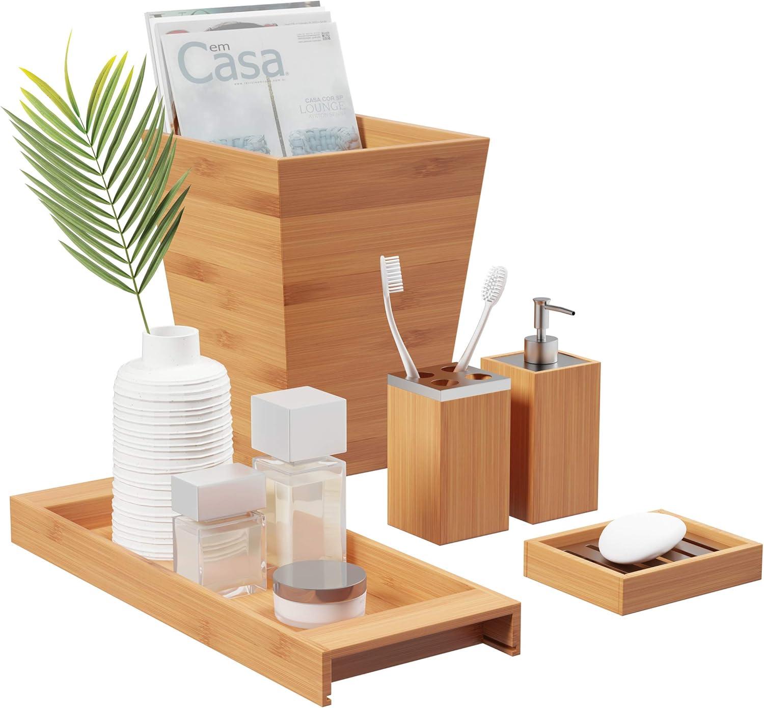 image5Piece Bathroom Decor Set Bamboo Vanity Accessories with Trash Bin Soap Dish Soap Dispenser Toothbrush Holder and Tray by Lavish Home Natural