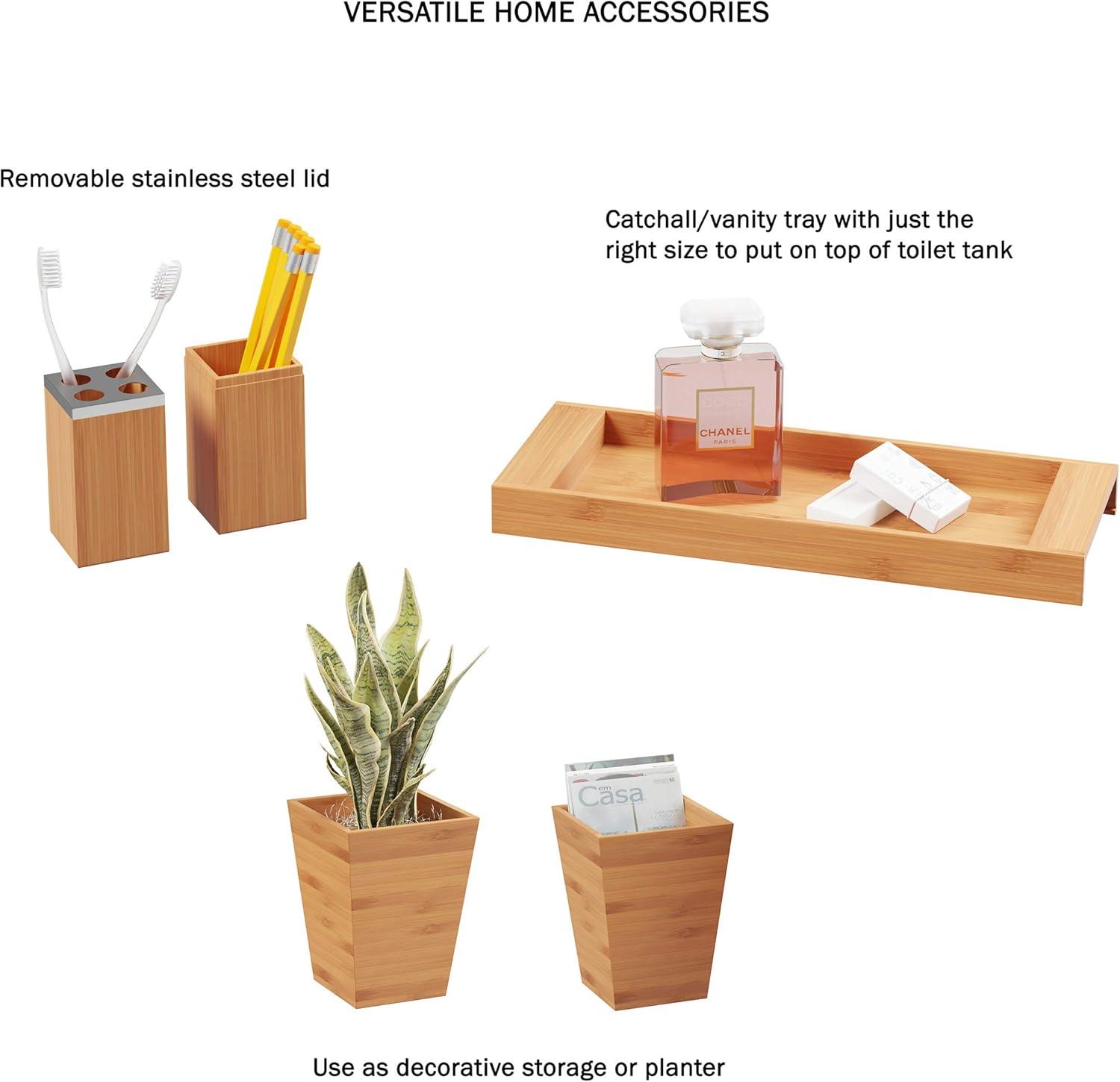 image5Piece Bathroom Decor Set Bamboo Vanity Accessories with Trash Bin Soap Dish Soap Dispenser Toothbrush Holder and Tray by Lavish Home Natural