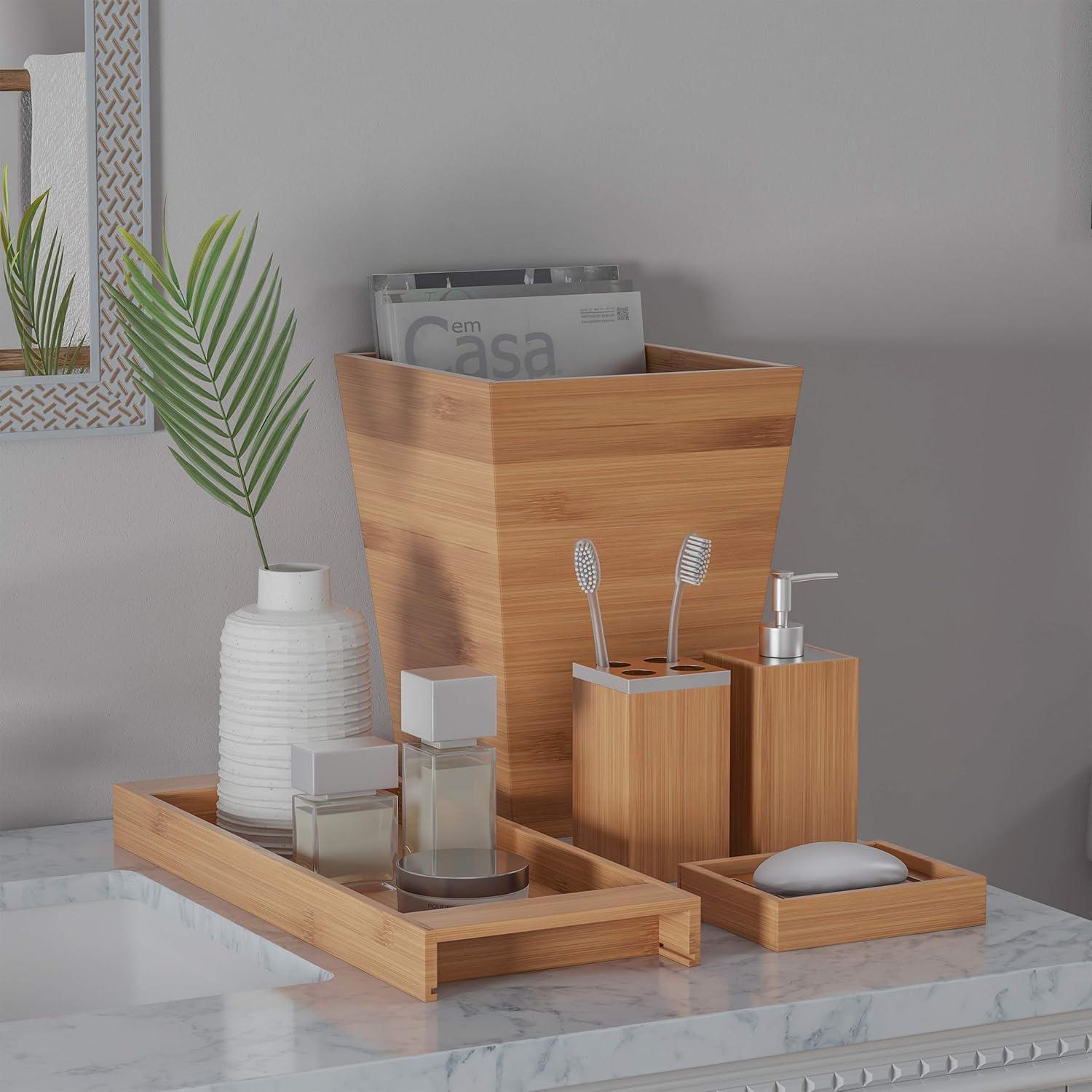 image5Piece Bathroom Decor Set Bamboo Vanity Accessories with Trash Bin Soap Dish Soap Dispenser Toothbrush Holder and Tray by Lavish Home Natural