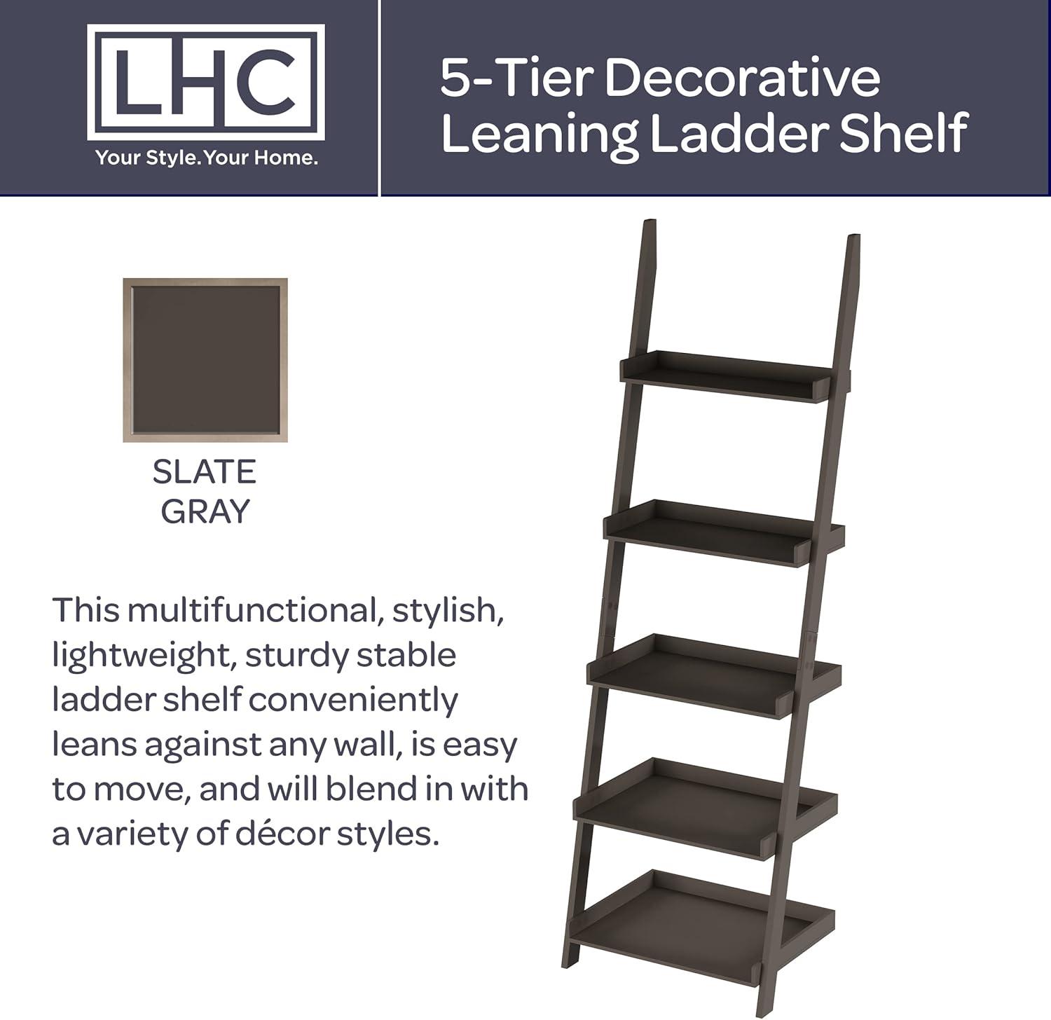 image5Tier Ladder Bookshelf Freestanding Wooden Bookcase Frame with Leaning Look Shelves for Home and Office Storage by Lavish Home Gray