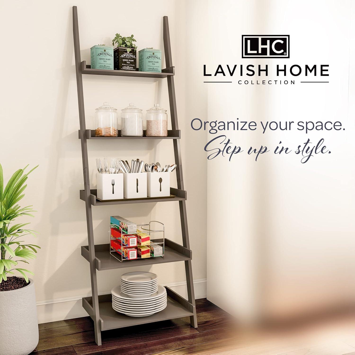 image5Tier Ladder Bookshelf Freestanding Wooden Bookcase Frame with Leaning Look Shelves for Home and Office Storage by Lavish Home Gray