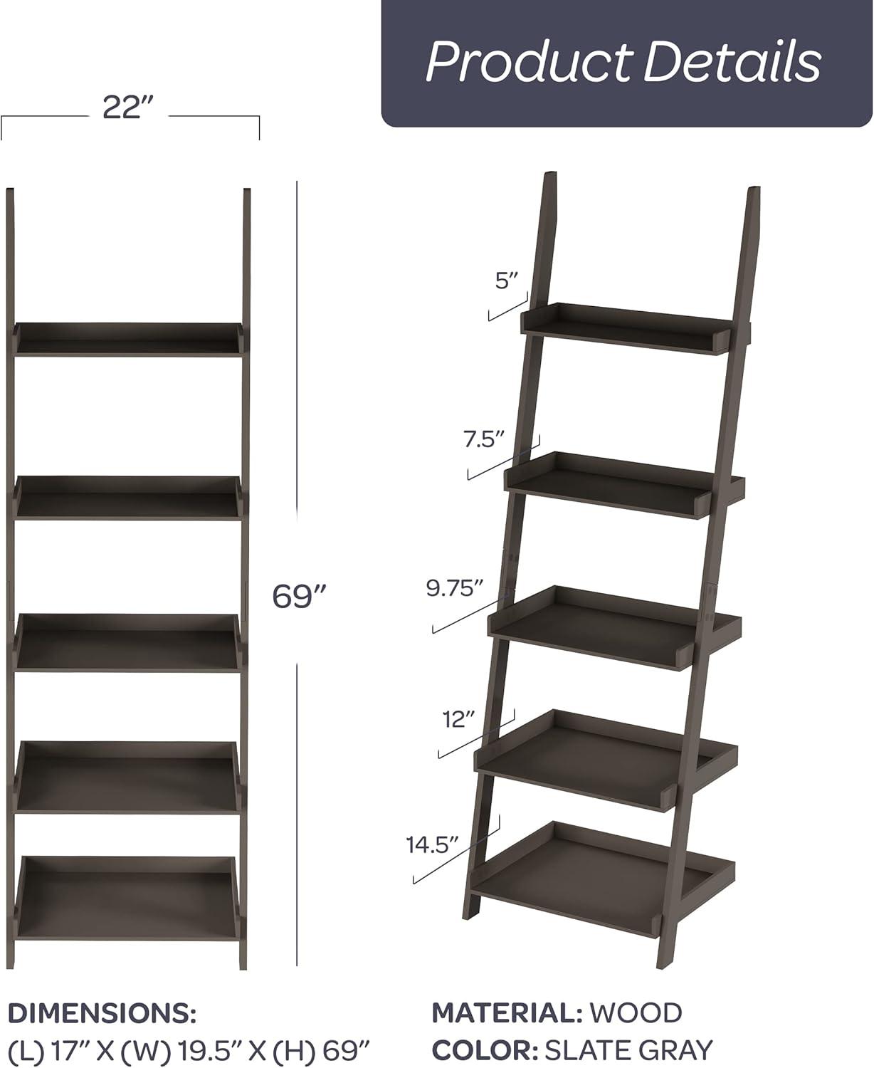 image5Tier Ladder Bookshelf Freestanding Wooden Bookcase Frame with Leaning Look Shelves for Home and Office Storage by Lavish Home Gray