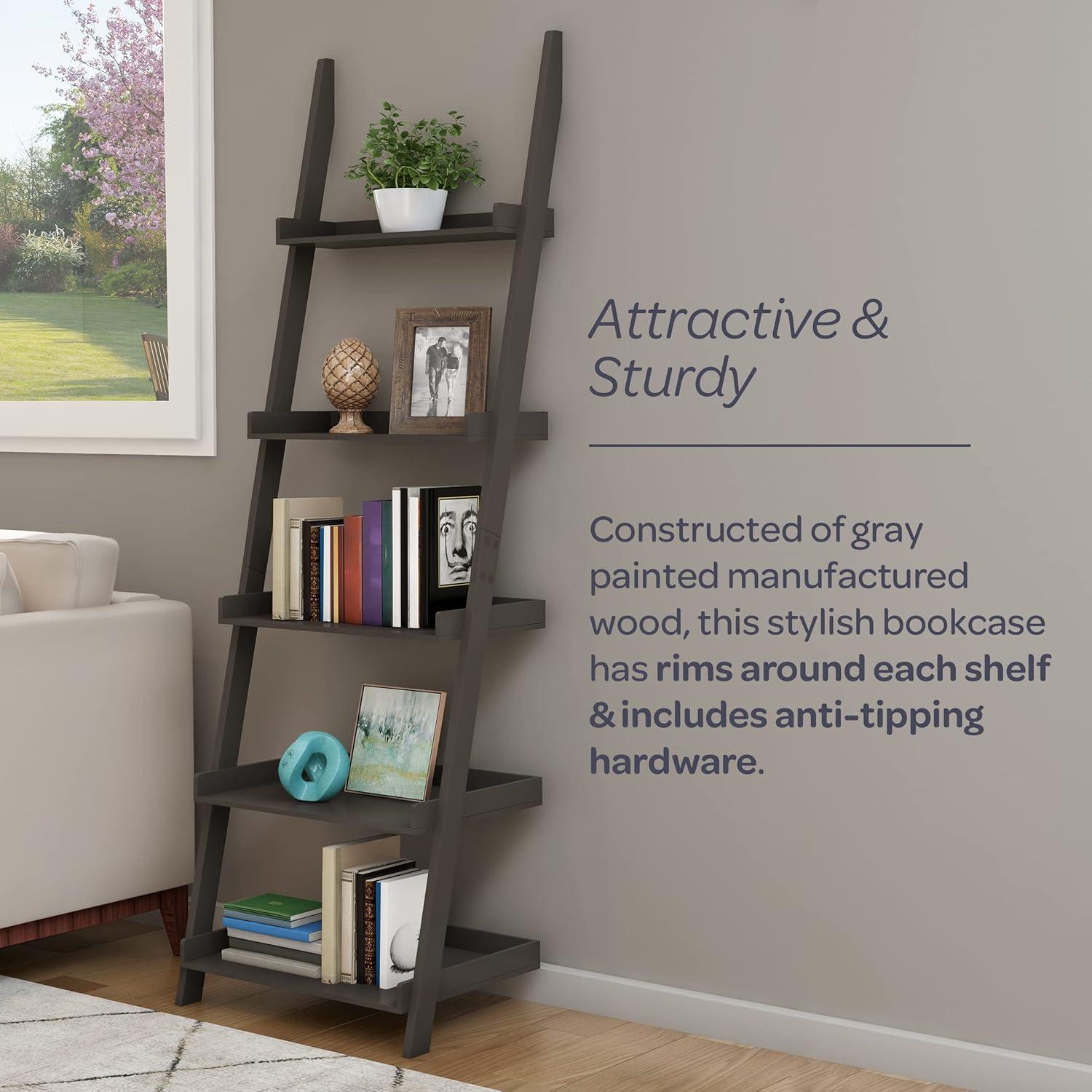 image5Tier Ladder Bookshelf Freestanding Wooden Bookcase Frame with Leaning Look Shelves for Home and Office Storage by Lavish Home Gray