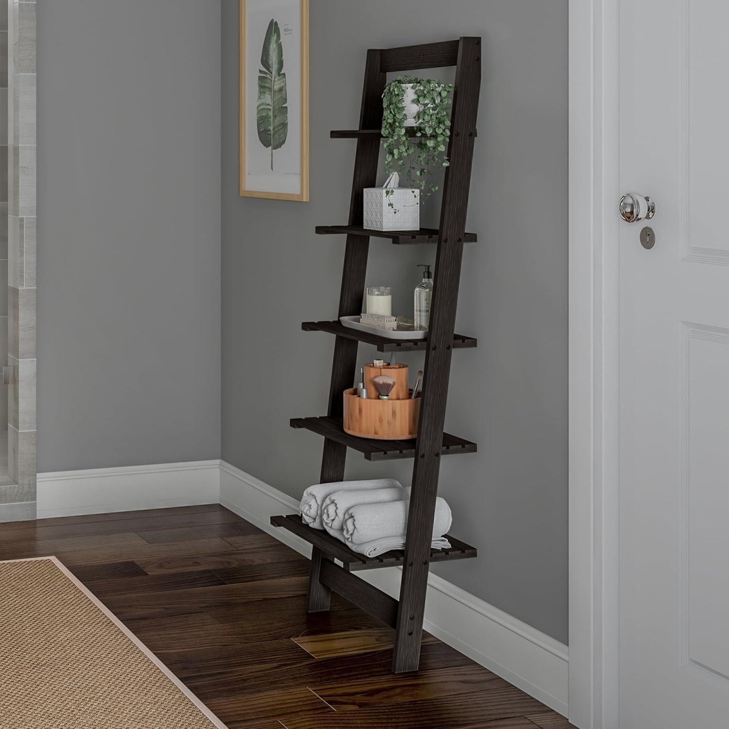 image5Tier Ladder Shelf 50Inch Narrow Leaning Bookshelf Wooden Bookcase for Living Room Bathroom Kitchen Office or Bedroom Furniture by Lavish Home OakBlack