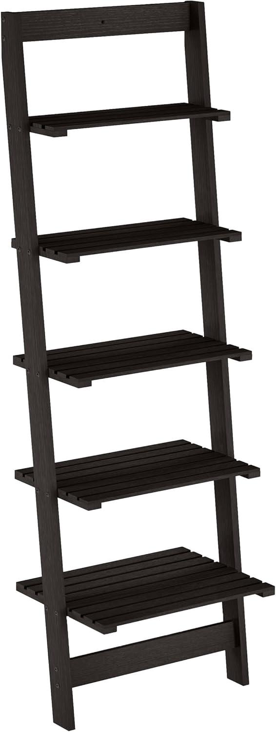 image5Tier Ladder Shelf 50Inch Narrow Leaning Bookshelf Wooden Bookcase for Living Room Bathroom Kitchen Office or Bedroom Furniture by Lavish Home OakBlack
