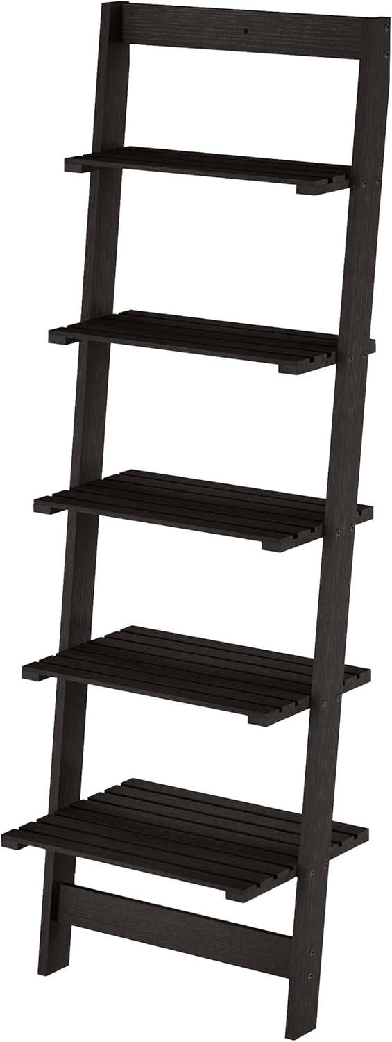 image5Tier Ladder Shelf 50Inch Narrow Leaning Bookshelf Wooden Bookcase for Living Room Bathroom Kitchen Office or Bedroom Furniture by Lavish Home OakBlack
