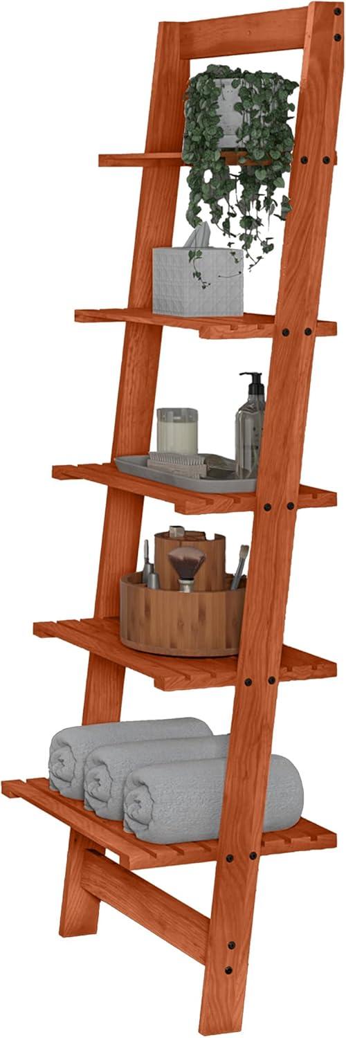 image5Tier Ladder Shelf 50Inch Narrow Leaning Bookshelf Wooden Bookcase for Living Room Bathroom Kitchen Office or Bedroom Furniture by Lavish Home OakCherry