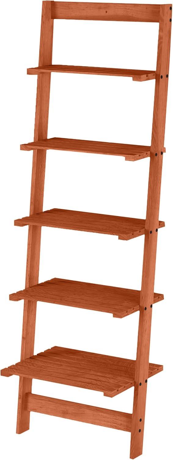 image5Tier Ladder Shelf 50Inch Narrow Leaning Bookshelf Wooden Bookcase for Living Room Bathroom Kitchen Office or Bedroom Furniture by Lavish Home OakCherry