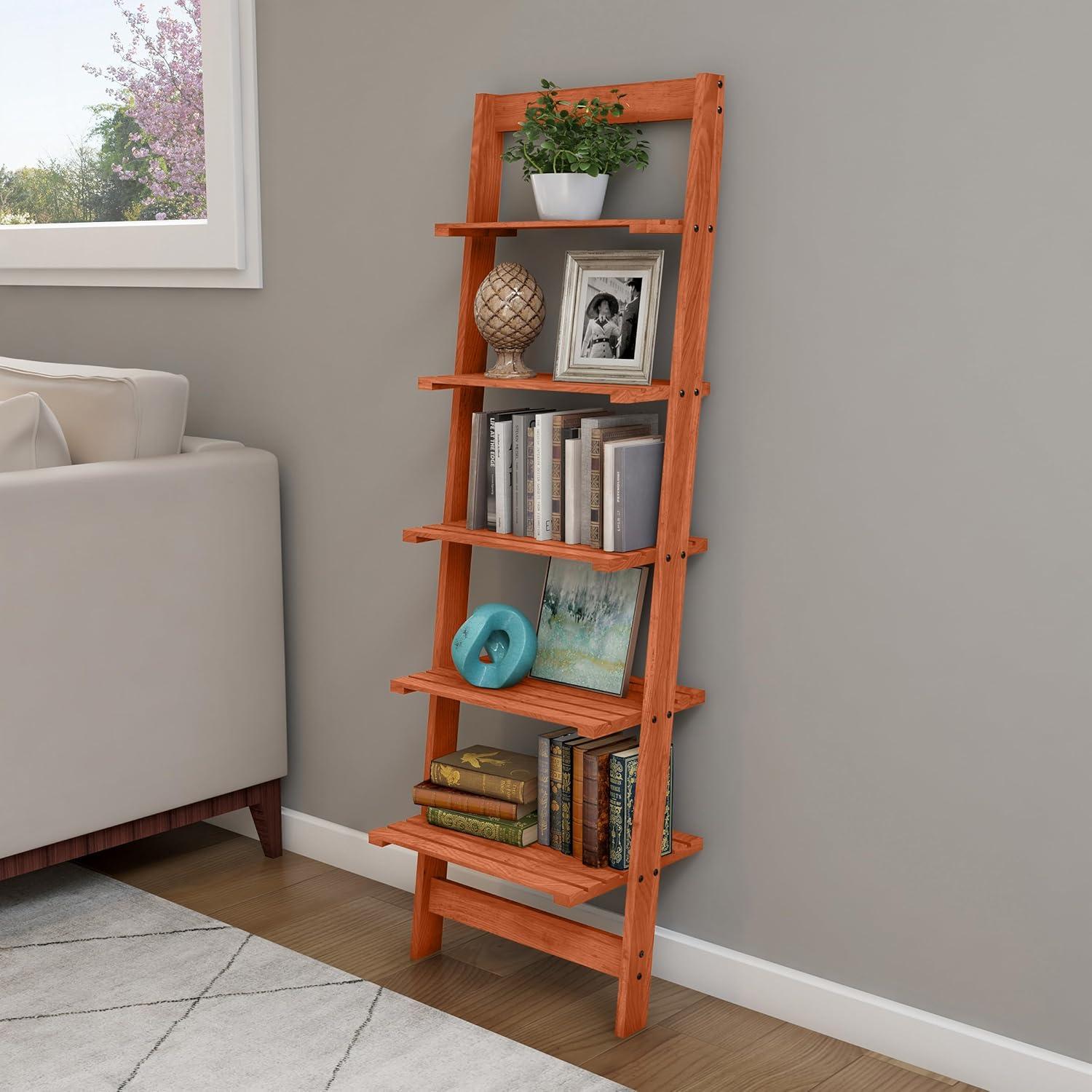image5Tier Ladder Shelf 50Inch Narrow Leaning Bookshelf Wooden Bookcase for Living Room Bathroom Kitchen Office or Bedroom Furniture by Lavish Home OakCherry