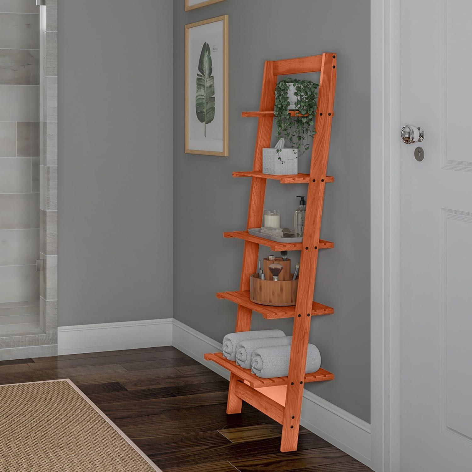 image5Tier Ladder Shelf 50Inch Narrow Leaning Bookshelf Wooden Bookcase for Living Room Bathroom Kitchen Office or Bedroom Furniture by Lavish Home OakCherry