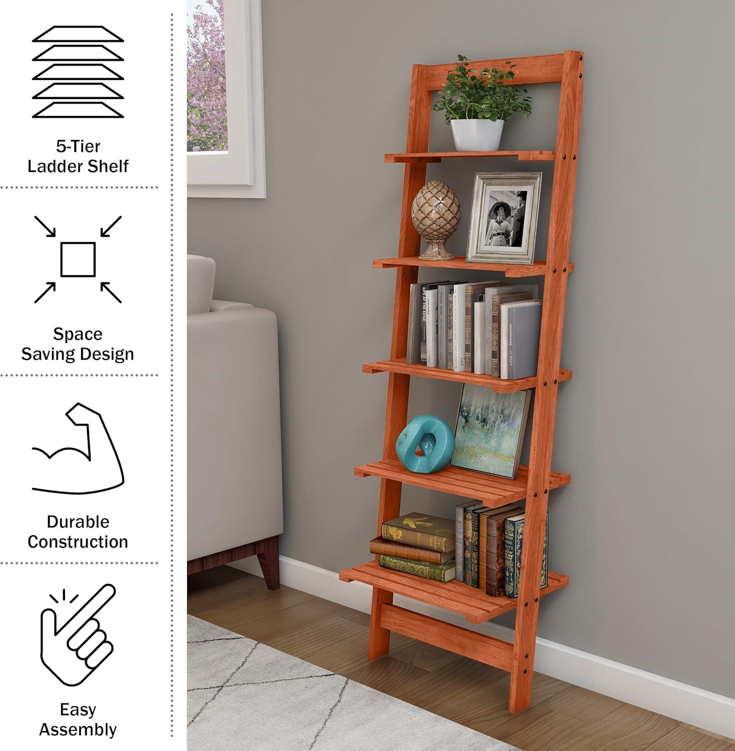image5Tier Ladder Shelf 50Inch Narrow Leaning Bookshelf Wooden Bookcase for Living Room Bathroom Kitchen Office or Bedroom Furniture by Lavish Home OakCherry