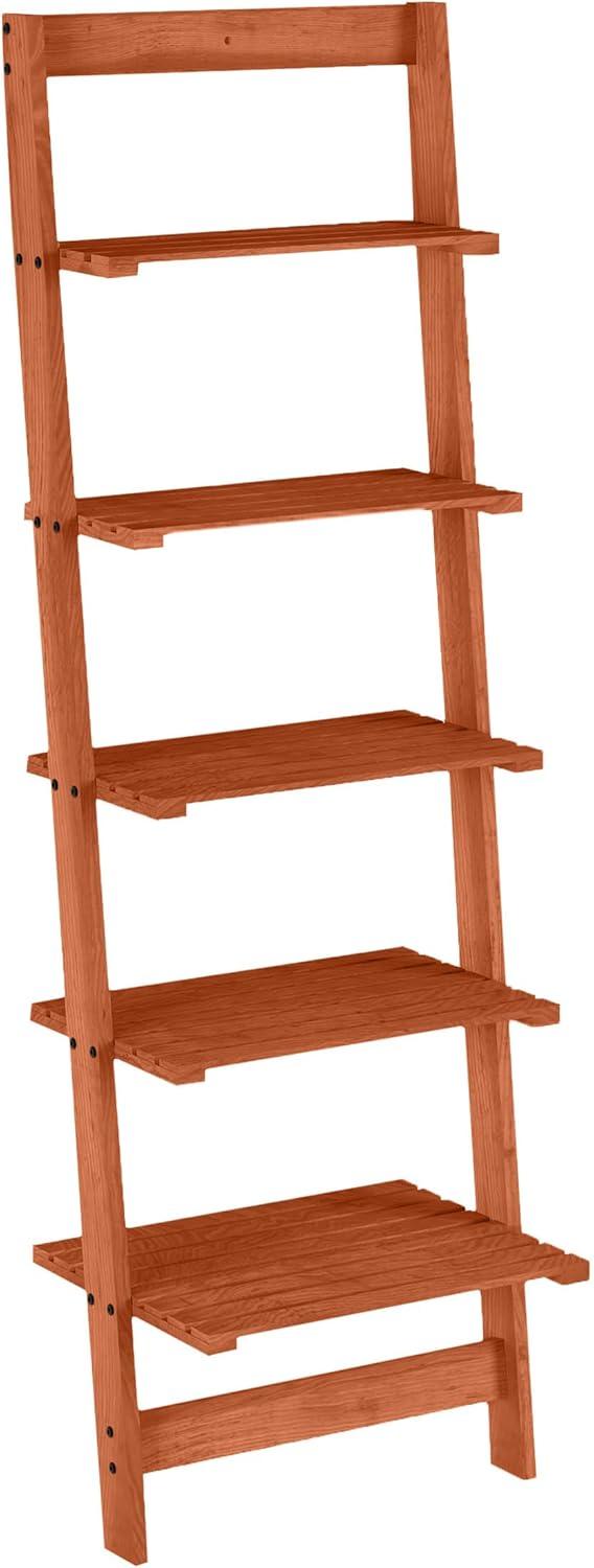 image5Tier Ladder Shelf 50Inch Narrow Leaning Bookshelf Wooden Bookcase for Living Room Bathroom Kitchen Office or Bedroom Furniture by Lavish Home OakCherry