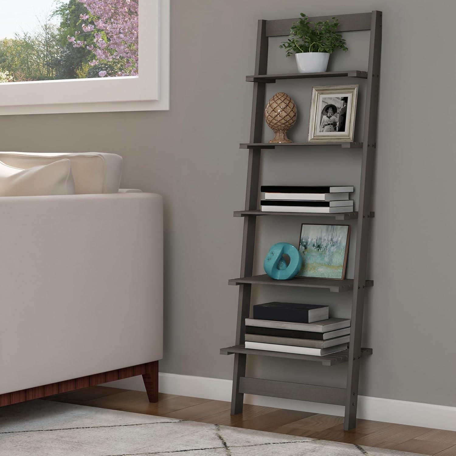 image5Tier Ladder Shelf 50Inch Narrow Leaning Bookshelf Wooden Bookcase for Living Room Bathroom Kitchen Office or Bedroom Furniture by Lavish Home OakGrey