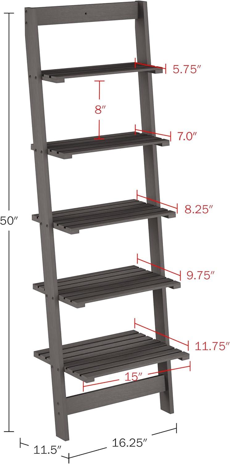 image5Tier Ladder Shelf 50Inch Narrow Leaning Bookshelf Wooden Bookcase for Living Room Bathroom Kitchen Office or Bedroom Furniture by Lavish Home OakGrey