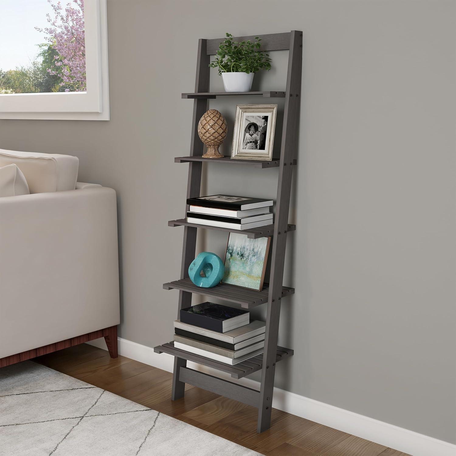 image5Tier Ladder Shelf 50Inch Narrow Leaning Bookshelf Wooden Bookcase for Living Room Bathroom Kitchen Office or Bedroom Furniture by Lavish Home OakGrey
