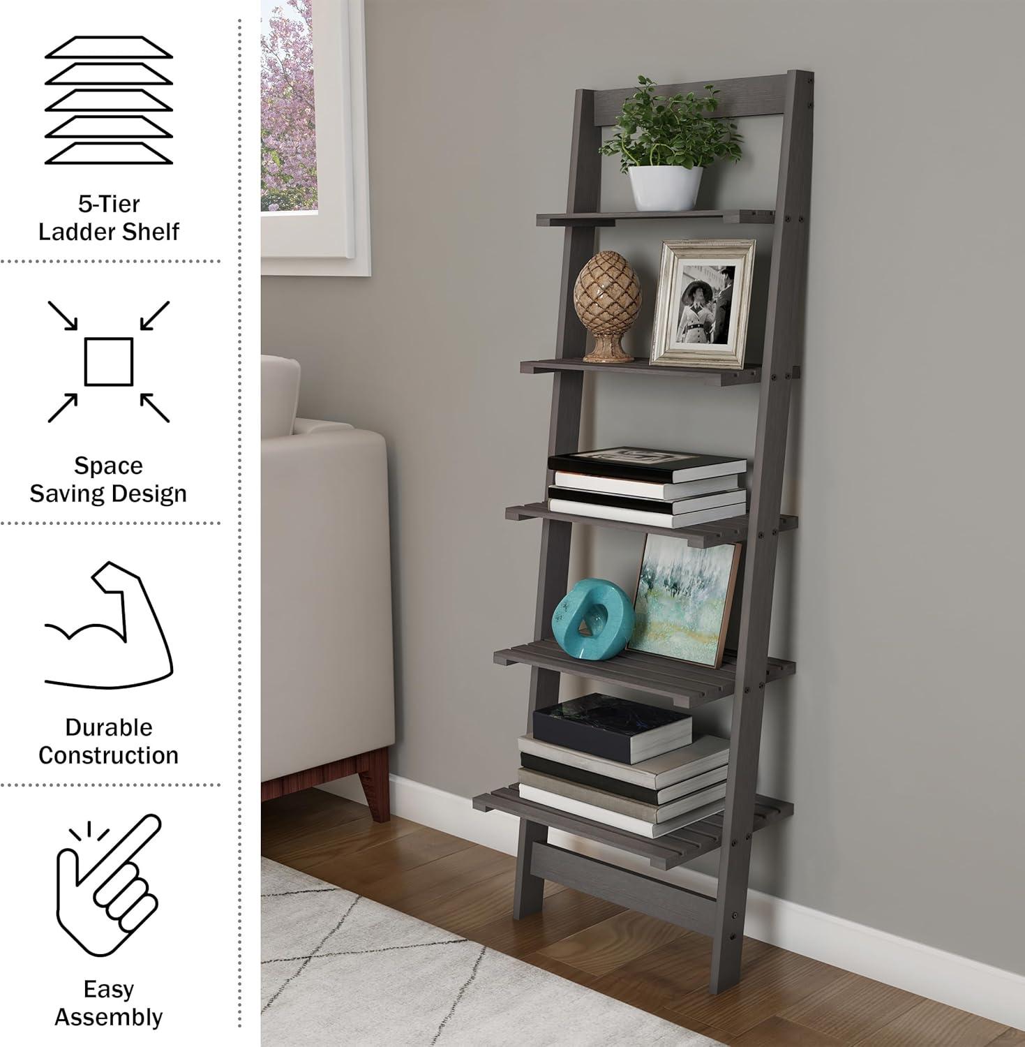 image5Tier Ladder Shelf 50Inch Narrow Leaning Bookshelf Wooden Bookcase for Living Room Bathroom Kitchen Office or Bedroom Furniture by Lavish Home OakGrey