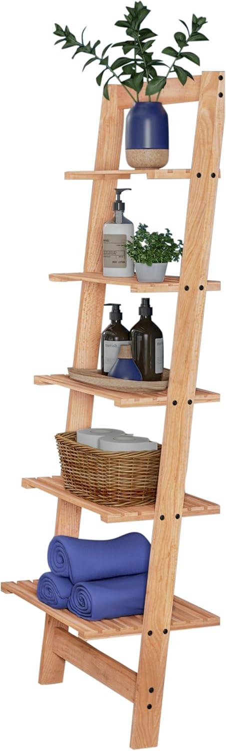 image5Tier Ladder Shelf 50Inch Narrow Leaning Bookshelf Wooden Bookcase for Living Room Bathroom Kitchen Office or Bedroom Furniture by Lavish Home OakPickled Oak