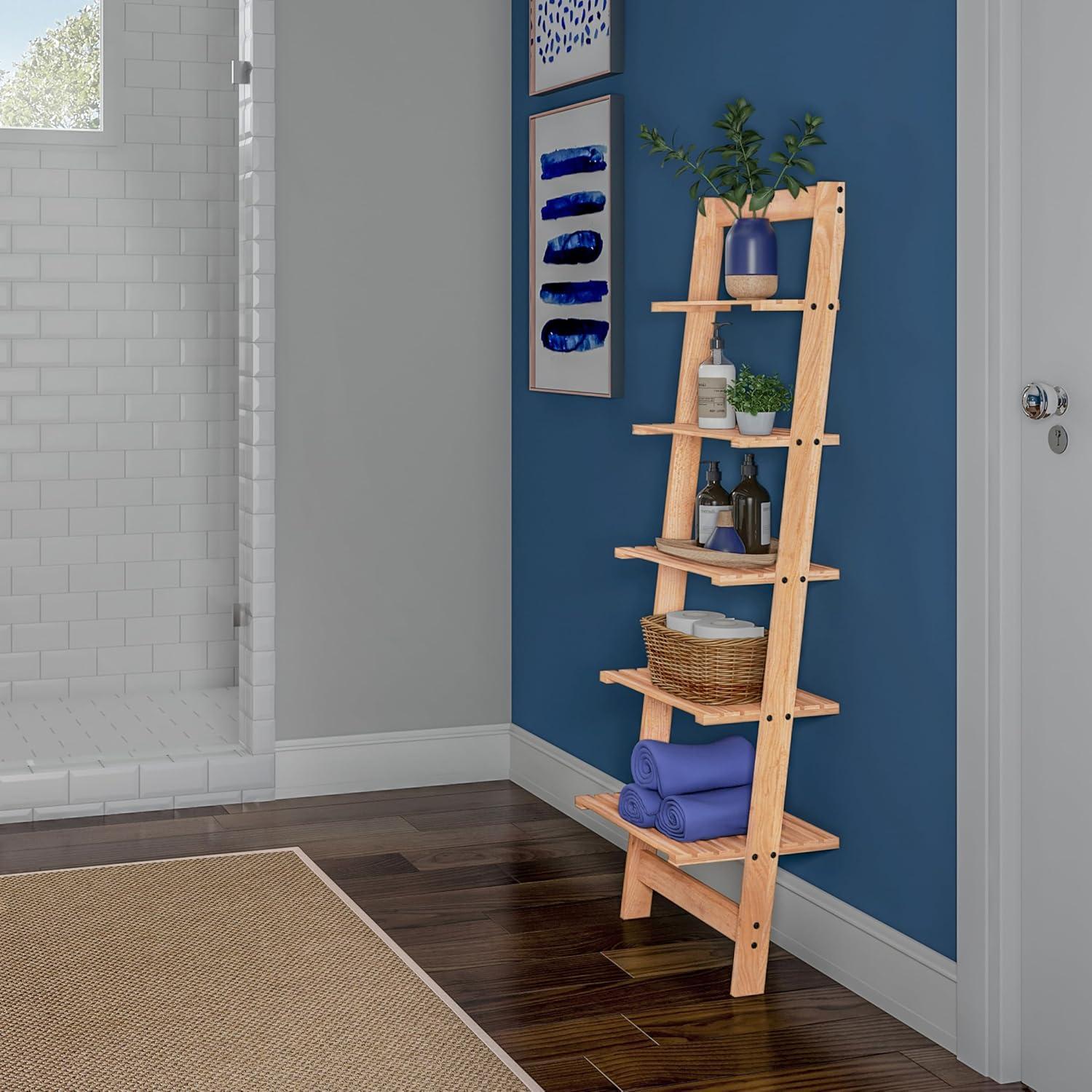 image5Tier Ladder Shelf 50Inch Narrow Leaning Bookshelf Wooden Bookcase for Living Room Bathroom Kitchen Office or Bedroom Furniture by Lavish Home OakPickled Oak