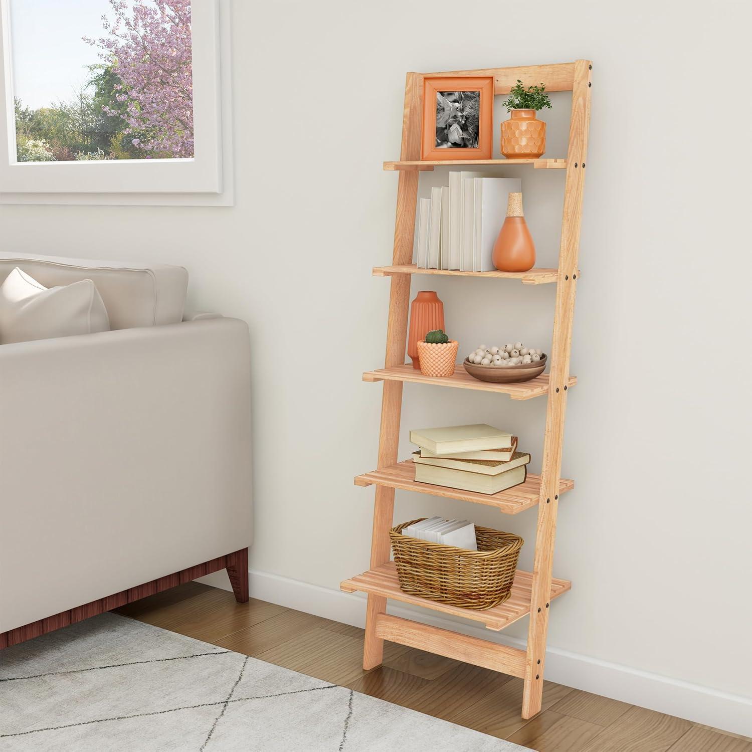 image5Tier Ladder Shelf 50Inch Narrow Leaning Bookshelf Wooden Bookcase for Living Room Bathroom Kitchen Office or Bedroom Furniture by Lavish Home OakPickled Oak
