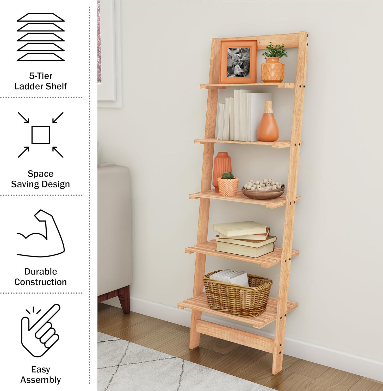 image5Tier Ladder Shelf 50Inch Narrow Leaning Bookshelf Wooden Bookcase for Living Room Bathroom Kitchen Office or Bedroom Furniture by Lavish Home OakPickled Oak