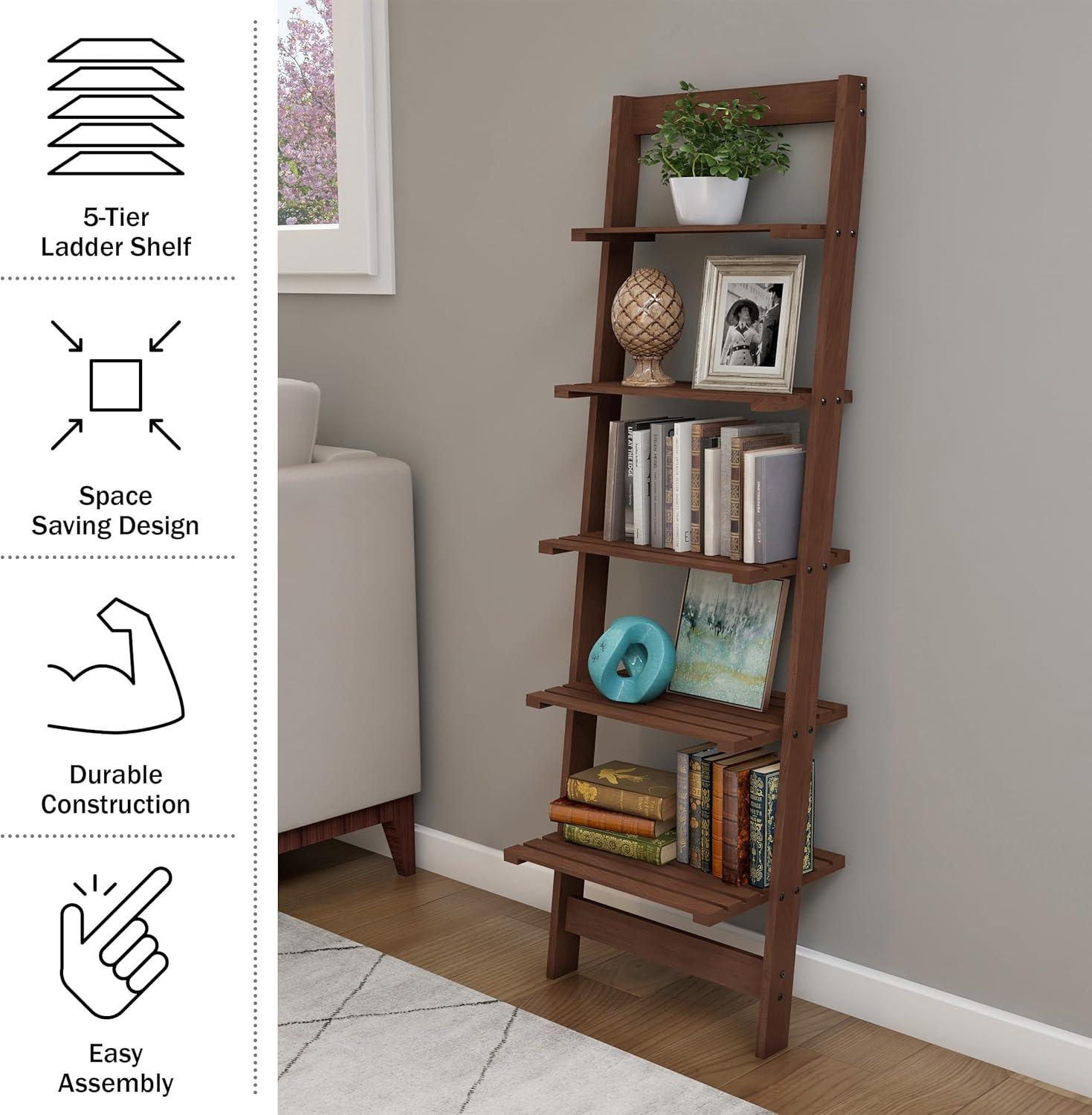 image5Tier Ladder Shelf 50Inch Narrow Leaning Bookshelf Wooden Bookcase for Living Room Bathroom Kitchen Office or Bedroom Furniture by Lavish Home OakWalnut