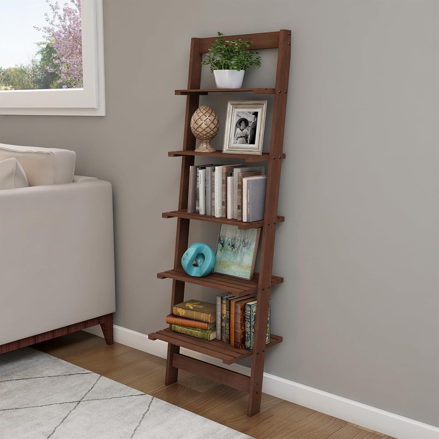 image5Tier Ladder Shelf 50Inch Narrow Leaning Bookshelf Wooden Bookcase for Living Room Bathroom Kitchen Office or Bedroom Furniture by Lavish Home OakWalnut