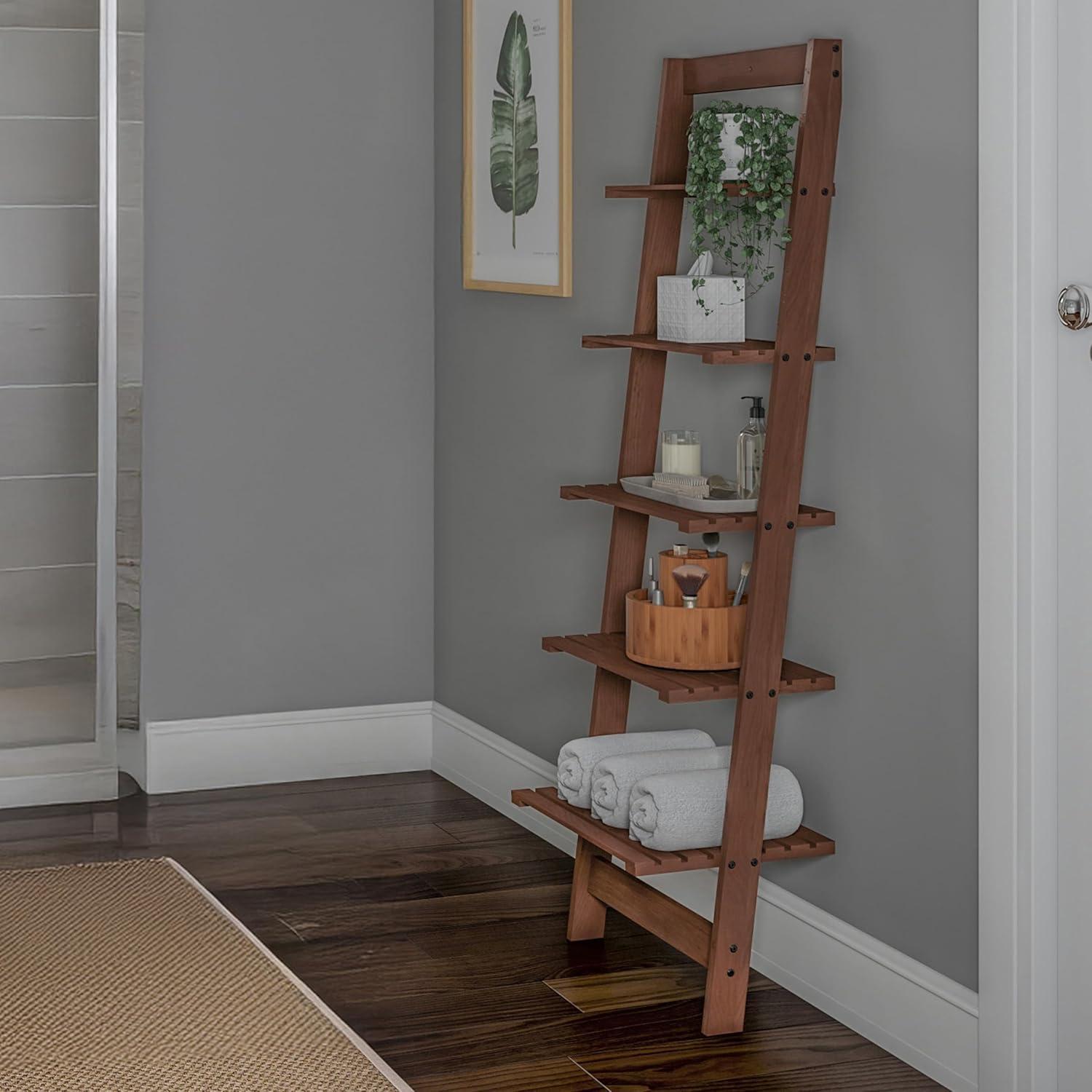 image5Tier Ladder Shelf 50Inch Narrow Leaning Bookshelf Wooden Bookcase for Living Room Bathroom Kitchen Office or Bedroom Furniture by Lavish Home OakWalnut