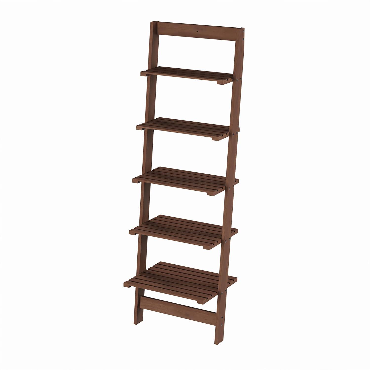 image5Tier Ladder Shelf 50Inch Narrow Leaning Bookshelf Wooden Bookcase for Living Room Bathroom Kitchen Office or Bedroom Furniture by Lavish Home OakWalnut