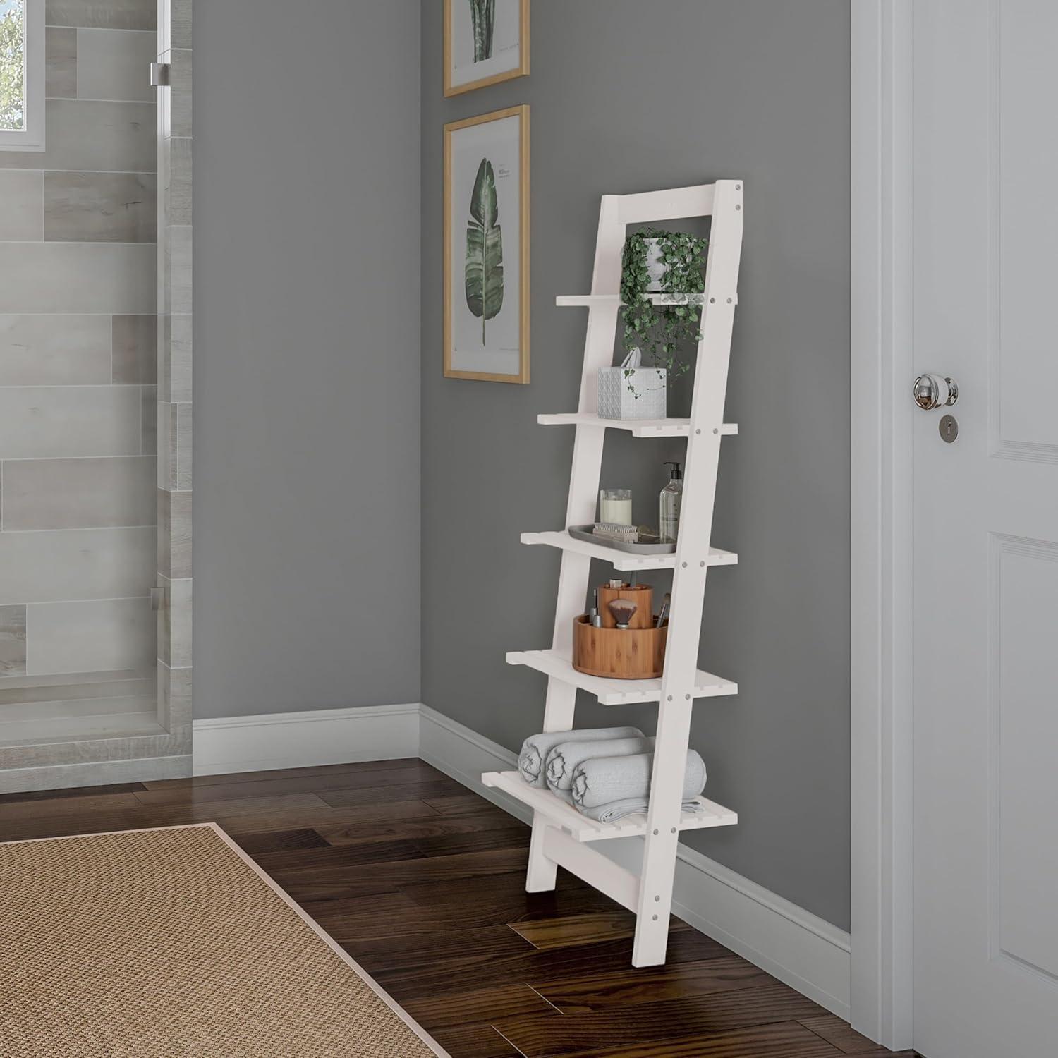 image5Tier Ladder Shelf 50Inch Narrow Leaning Bookshelf Wooden Bookcase for Living Room Bathroom Kitchen Office or Bedroom Furniture by Lavish Home OakWhite