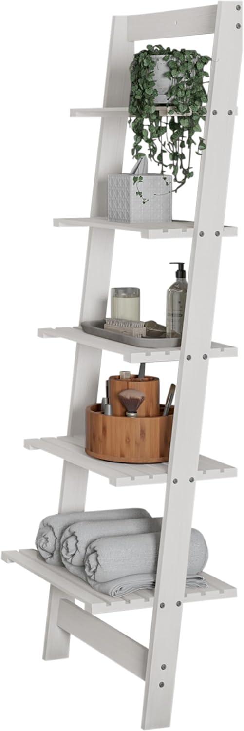 image5Tier Ladder Shelf 50Inch Narrow Leaning Bookshelf Wooden Bookcase for Living Room Bathroom Kitchen Office or Bedroom Furniture by Lavish Home OakWhite