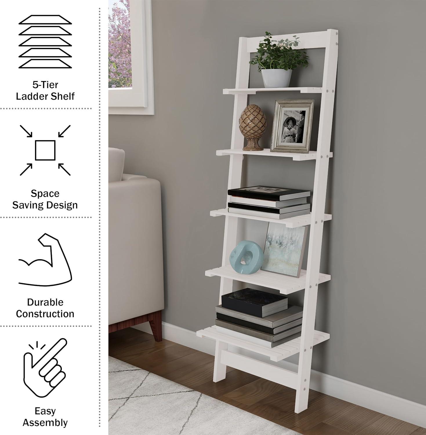 image5Tier Ladder Shelf 50Inch Narrow Leaning Bookshelf Wooden Bookcase for Living Room Bathroom Kitchen Office or Bedroom Furniture by Lavish Home OakWhite