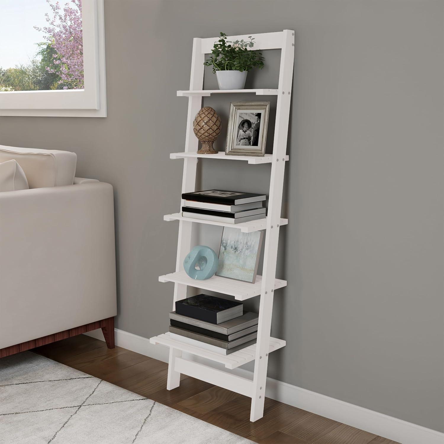image5Tier Ladder Shelf 50Inch Narrow Leaning Bookshelf Wooden Bookcase for Living Room Bathroom Kitchen Office or Bedroom Furniture by Lavish Home OakWhite