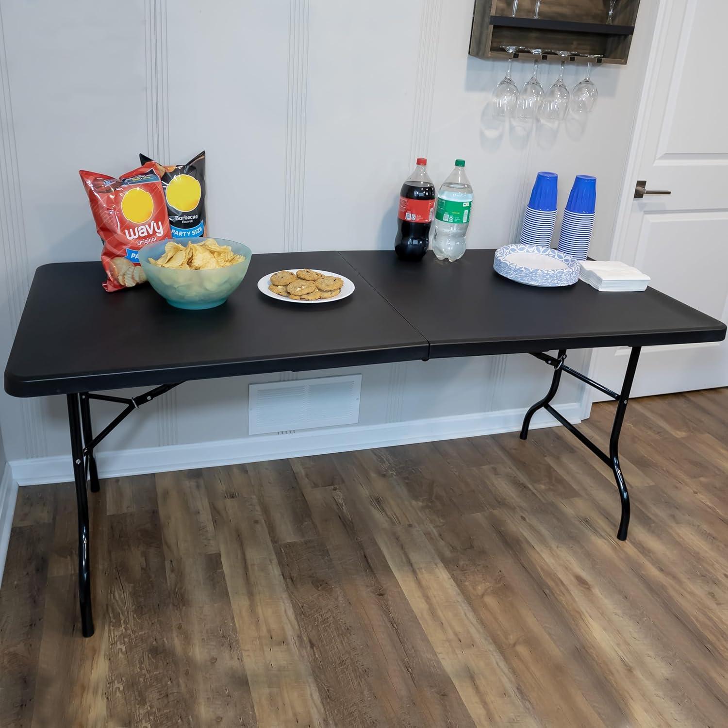 imageAdjustable Folding Table Portable 4Foot Plastic Utility Tabletop with 2 Height Settings Indoor and Outdoor Seating by Lavish Home WhiteBlack Set of 2