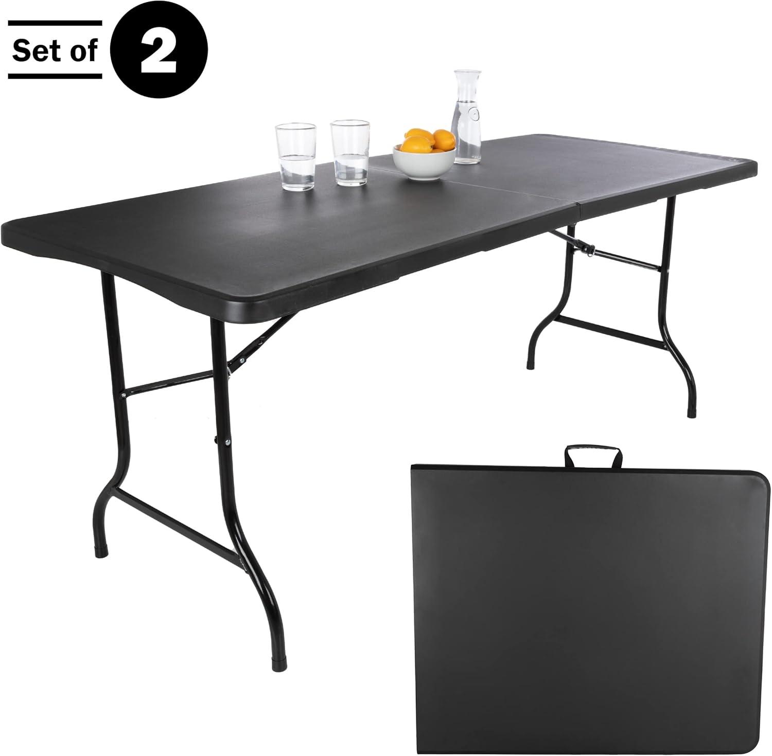 imageAdjustable Folding Table Portable 4Foot Plastic Utility Tabletop with 2 Height Settings Indoor and Outdoor Seating by Lavish Home WhiteBlack Set of 2