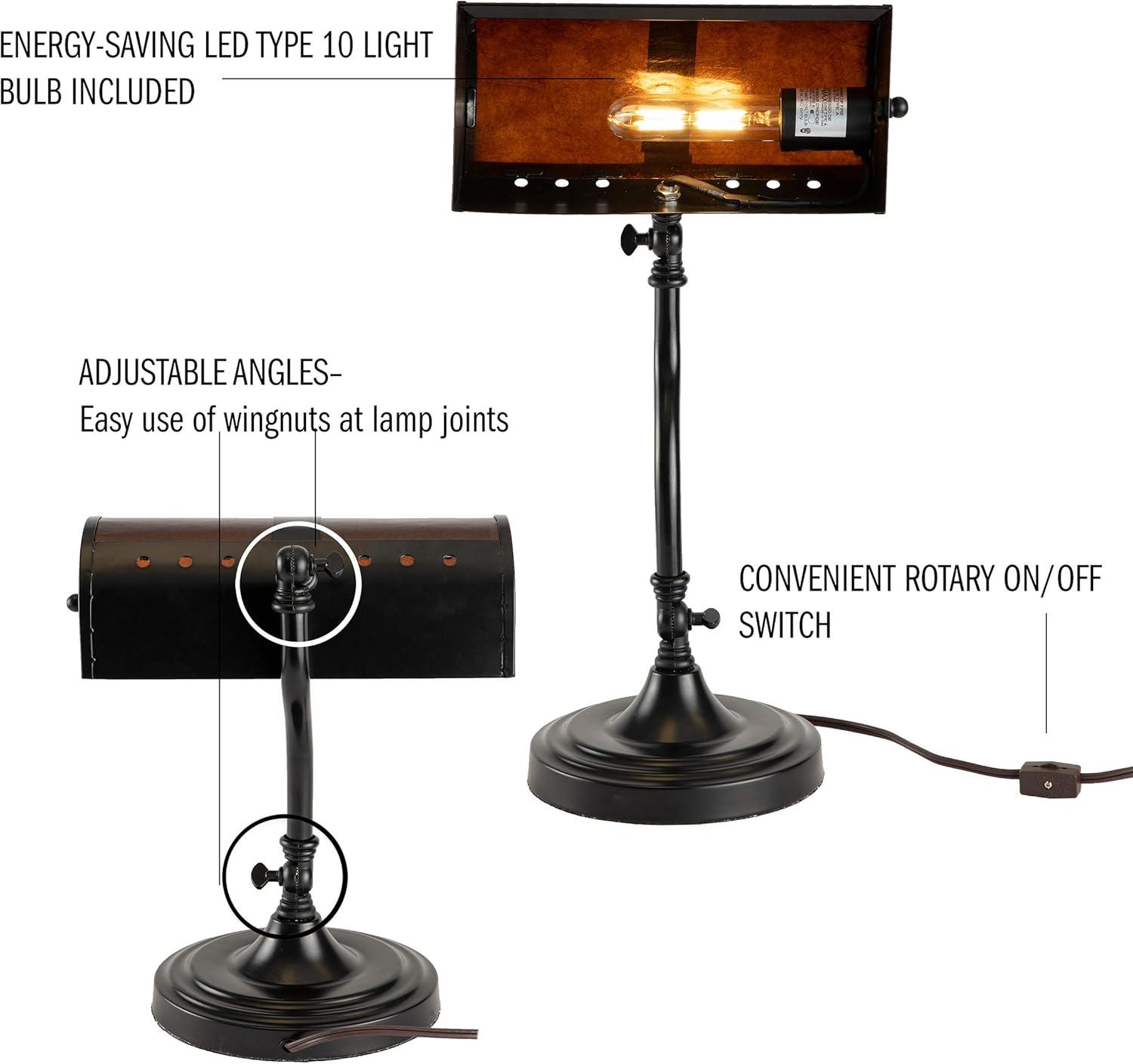 imageBankers Lamp MissionStyle LED Table or Desk Light with Amber Mica Shade and Bulb Classic VintageLook Accent Decor by Lavish Home Black
