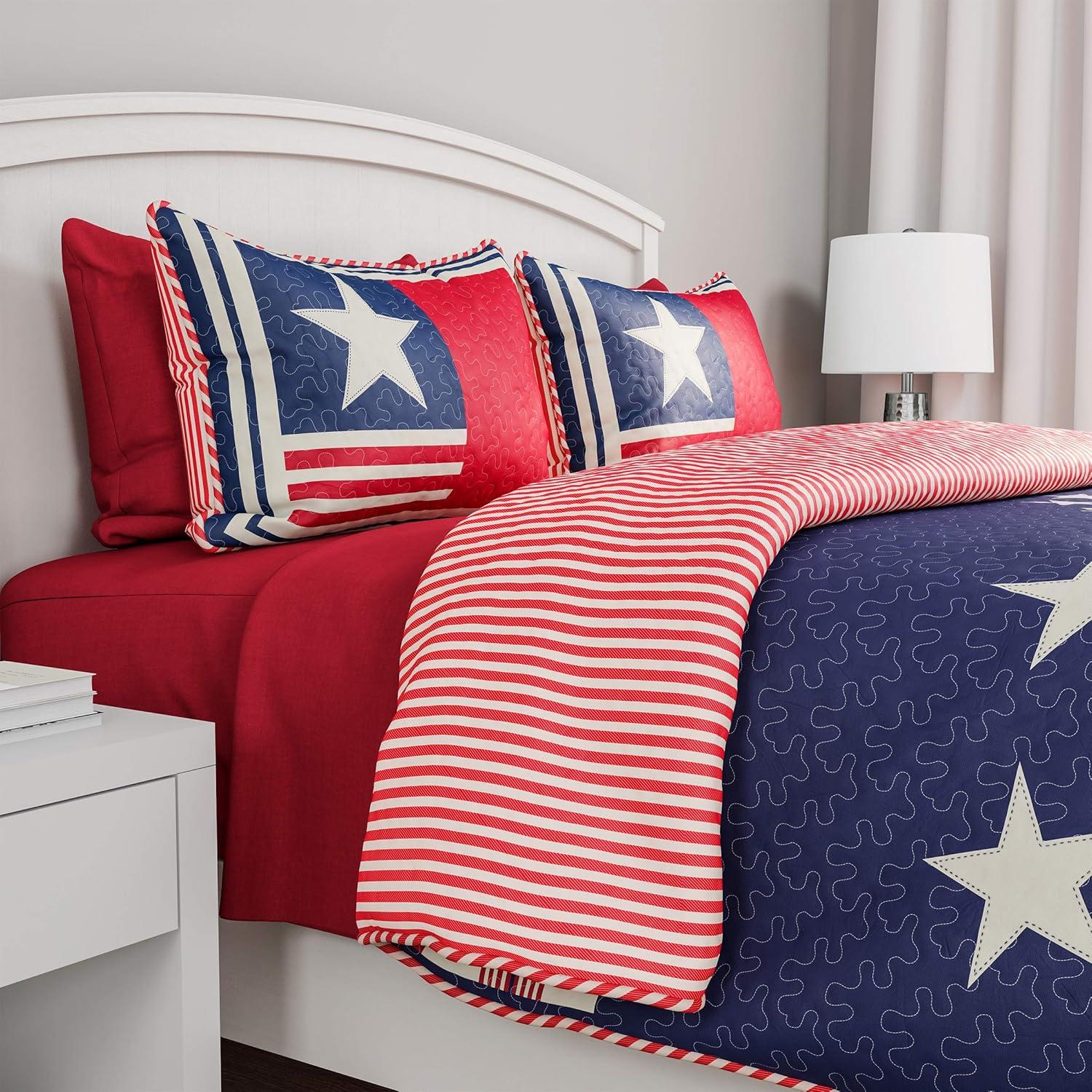 imageBedford Home 2Piece Quilt and Bed Set Hypoallergenic Polyester Microfiber Glory Bound Patriotic Americana Flag Print AllSeason Blanket with Shams by LHC TXL Deep Red Antique White Navy Blue